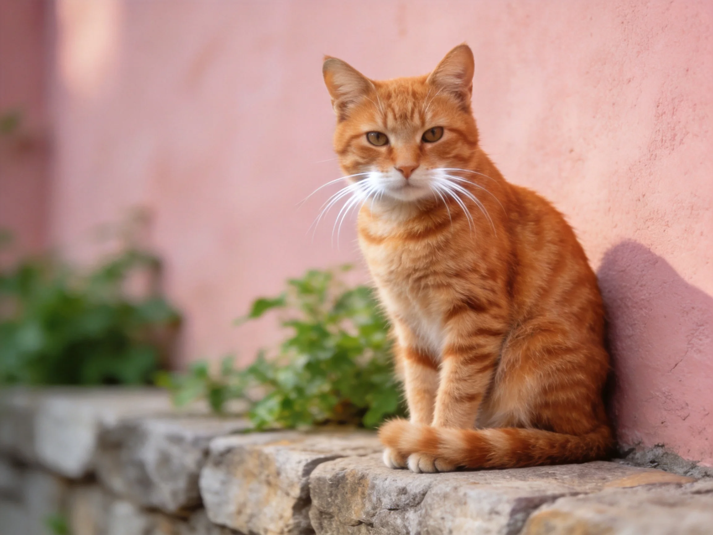 An orange tabby cat sits on a stone ledge next to a pink wall.