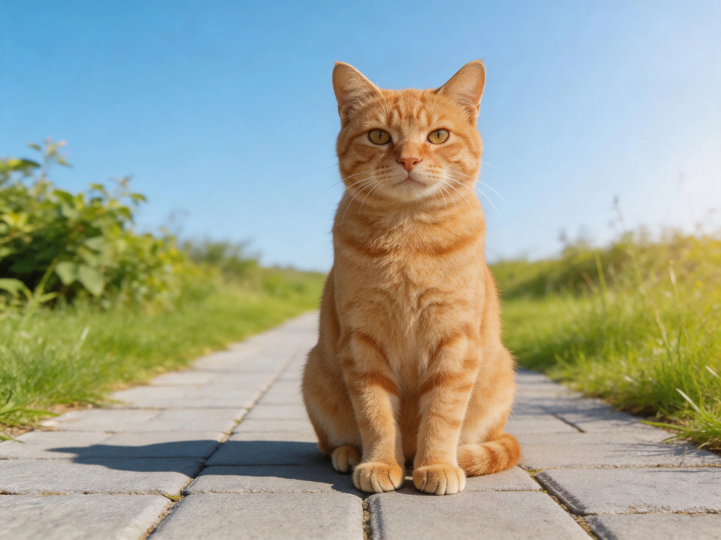 An orange tabby cat sits on a stone path surrounded by greenery.