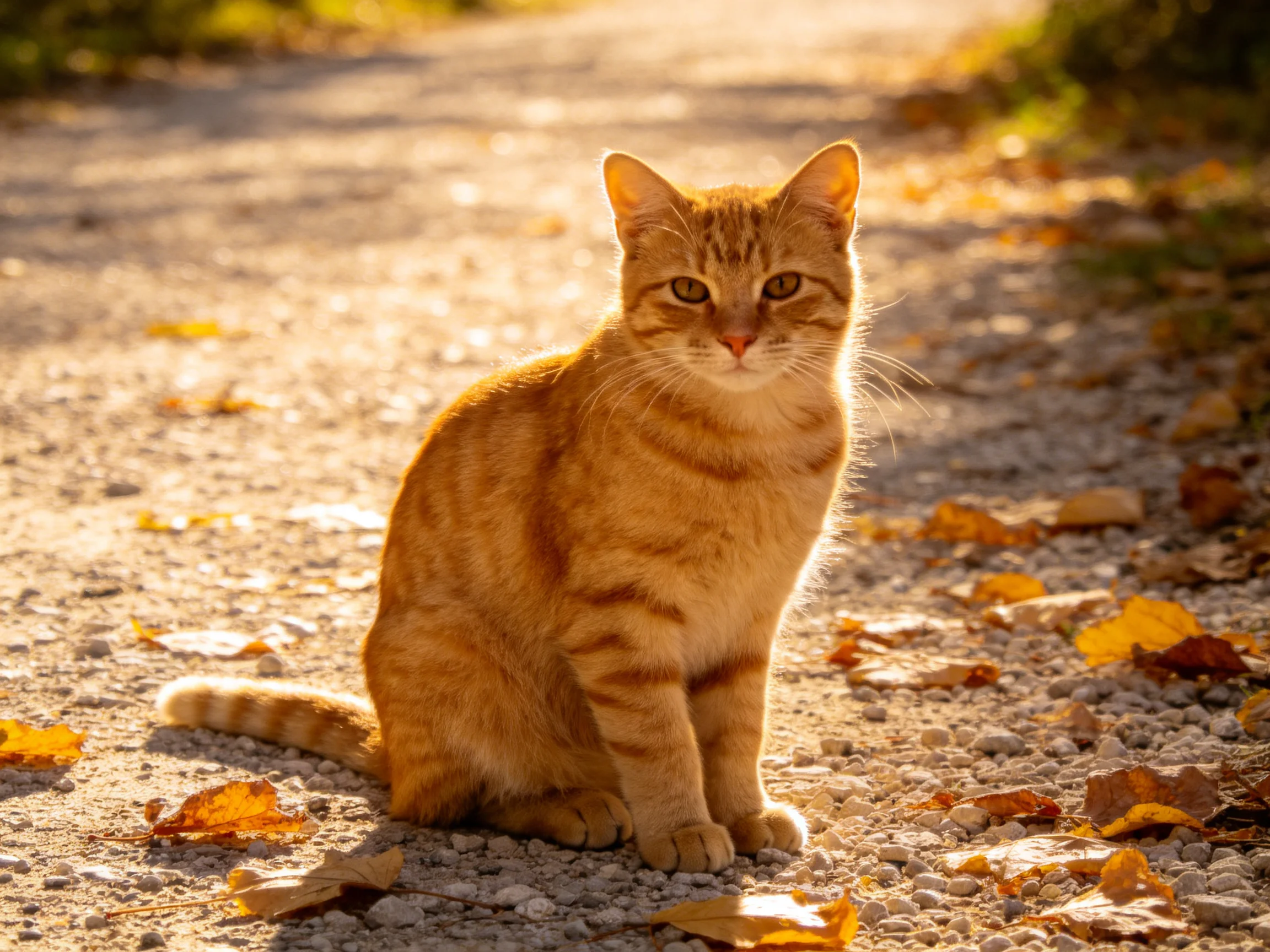 An orange tabby cat rests on a gravel path surrounded by autumn leaves in bright sunlight.