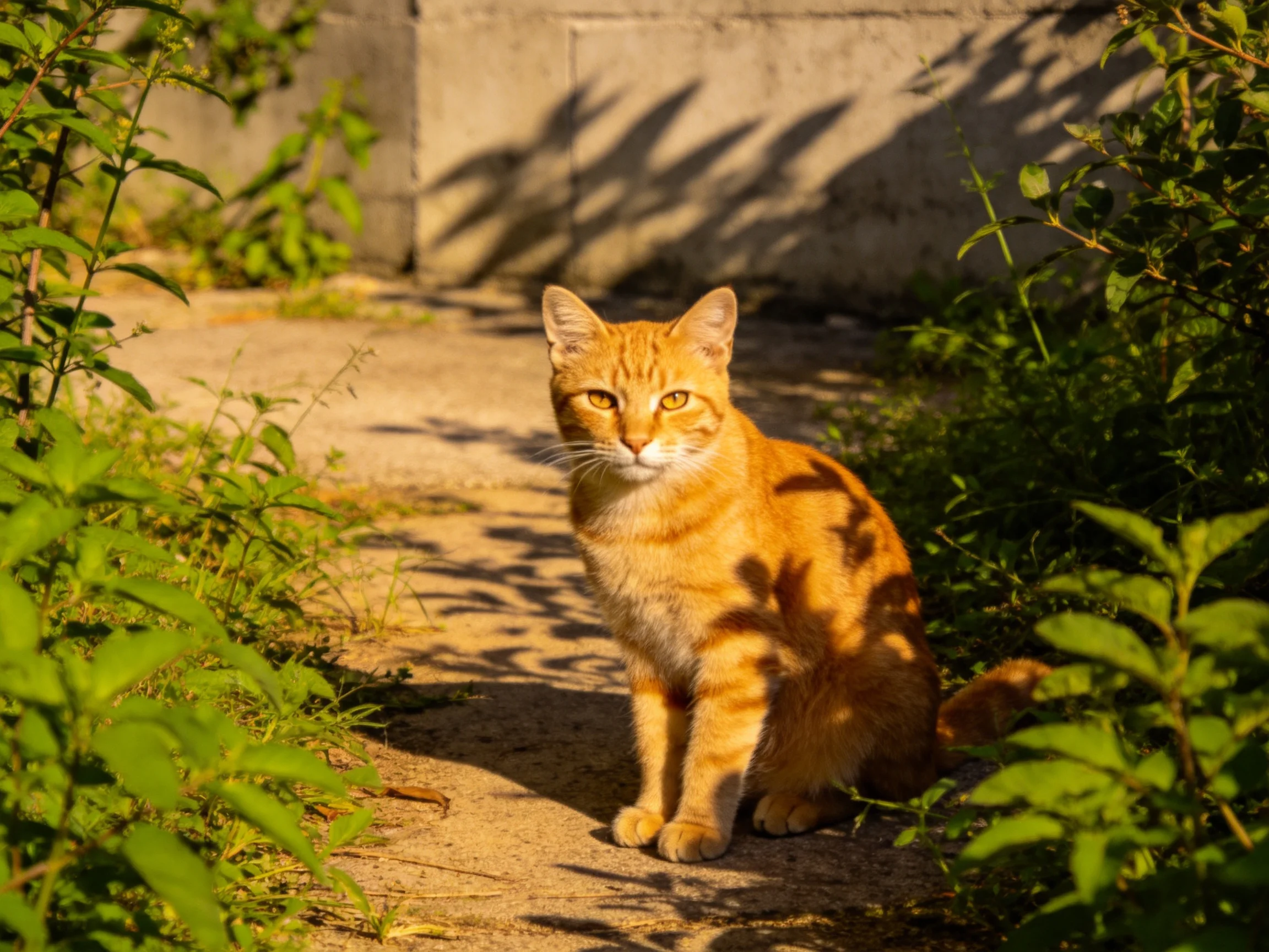 An orange tabby cat sits on a sunlit path near lush greenery.