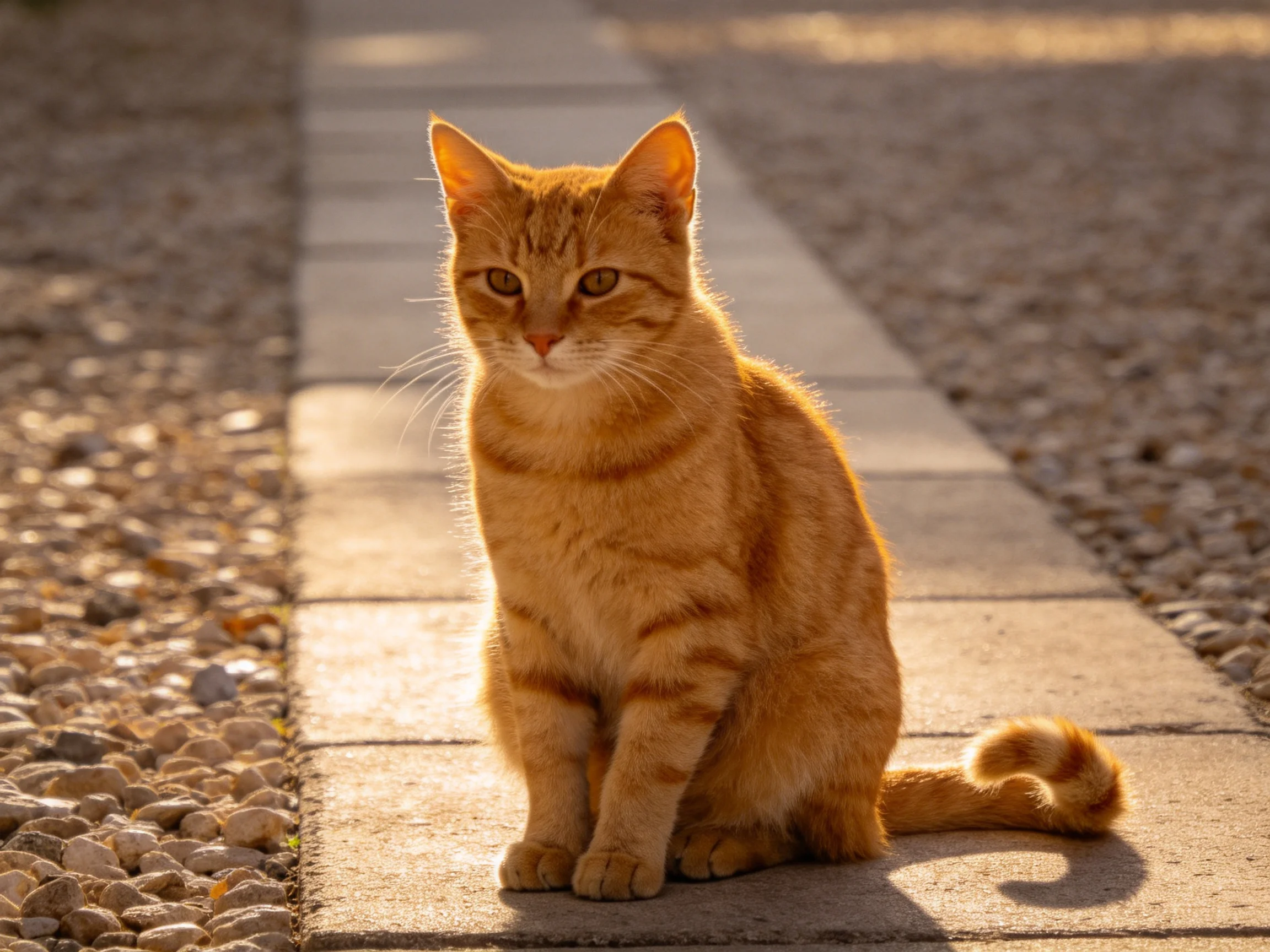 An orange tabby cat sits calmly on a sunlit stone pathway.