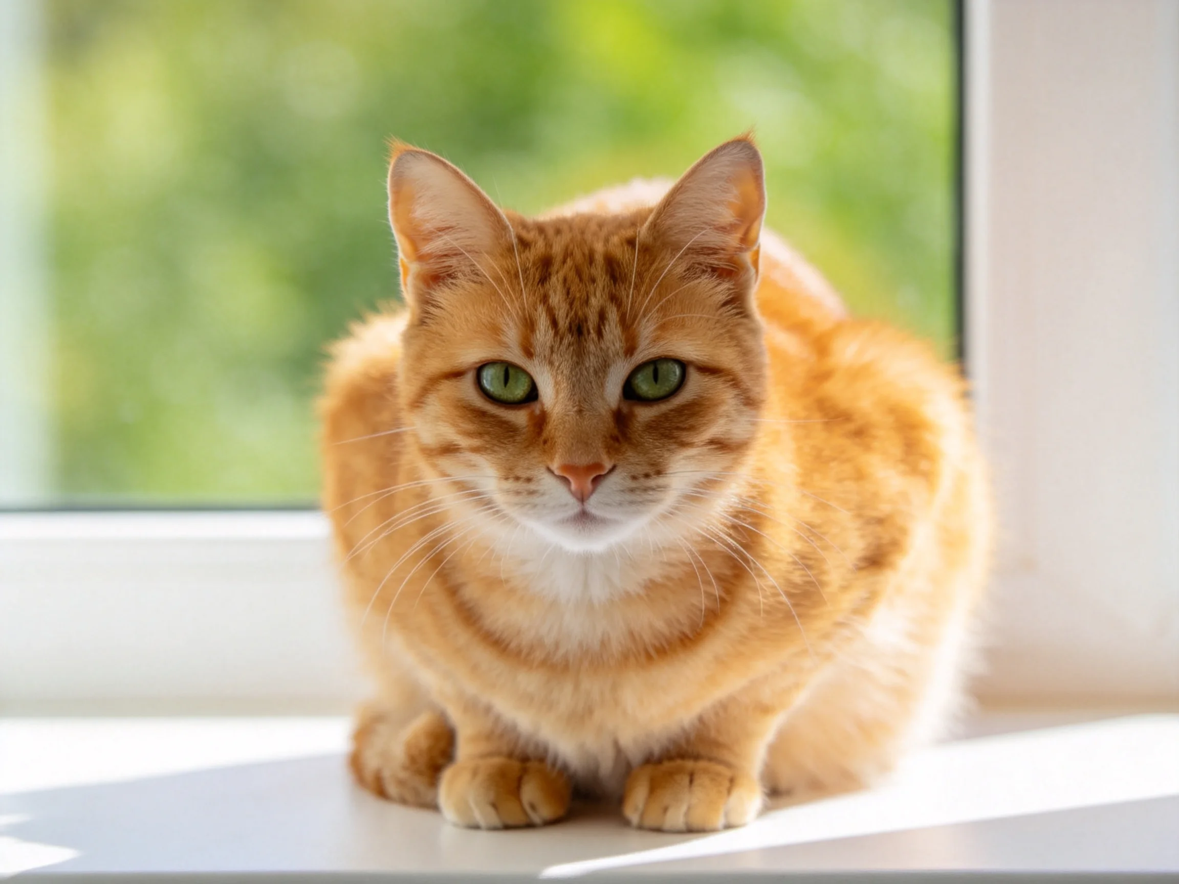An orange tabby cat sits on a sunlit windowsill with greenery behind