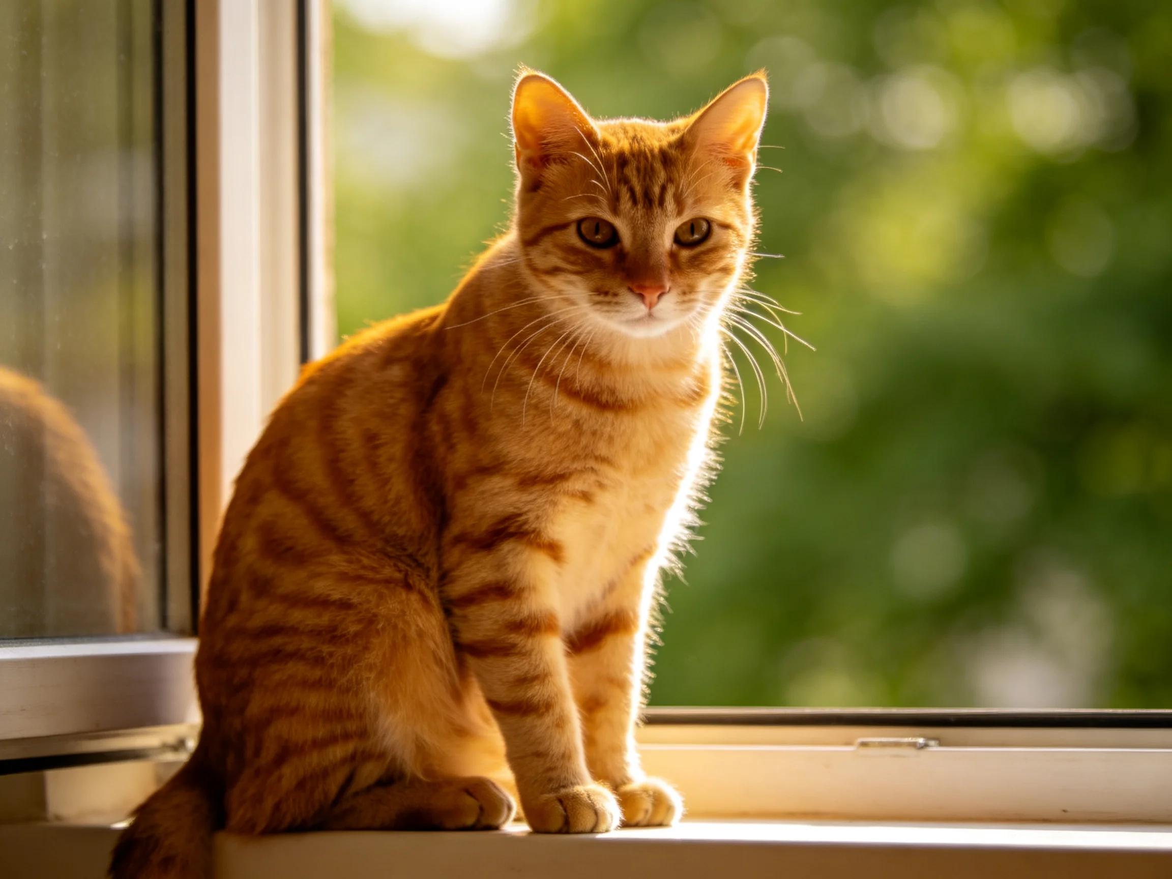 An orange tabby cat sits on a sunlit windowsill with greenery in view.