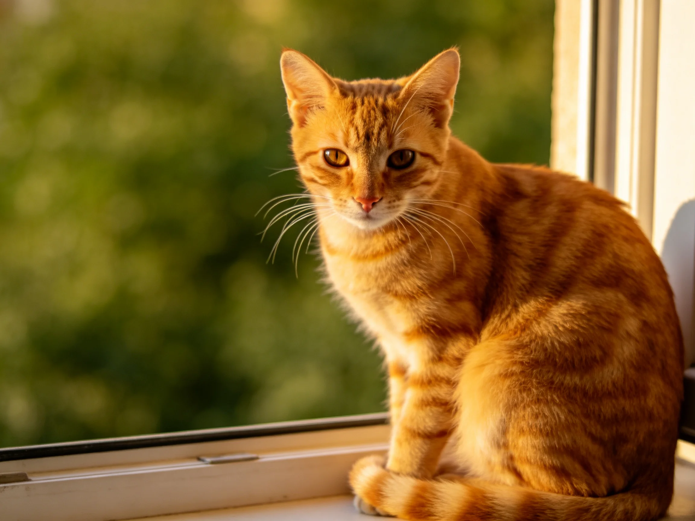 An orange tabby cat sits on a windowsill with greenery visible outside
