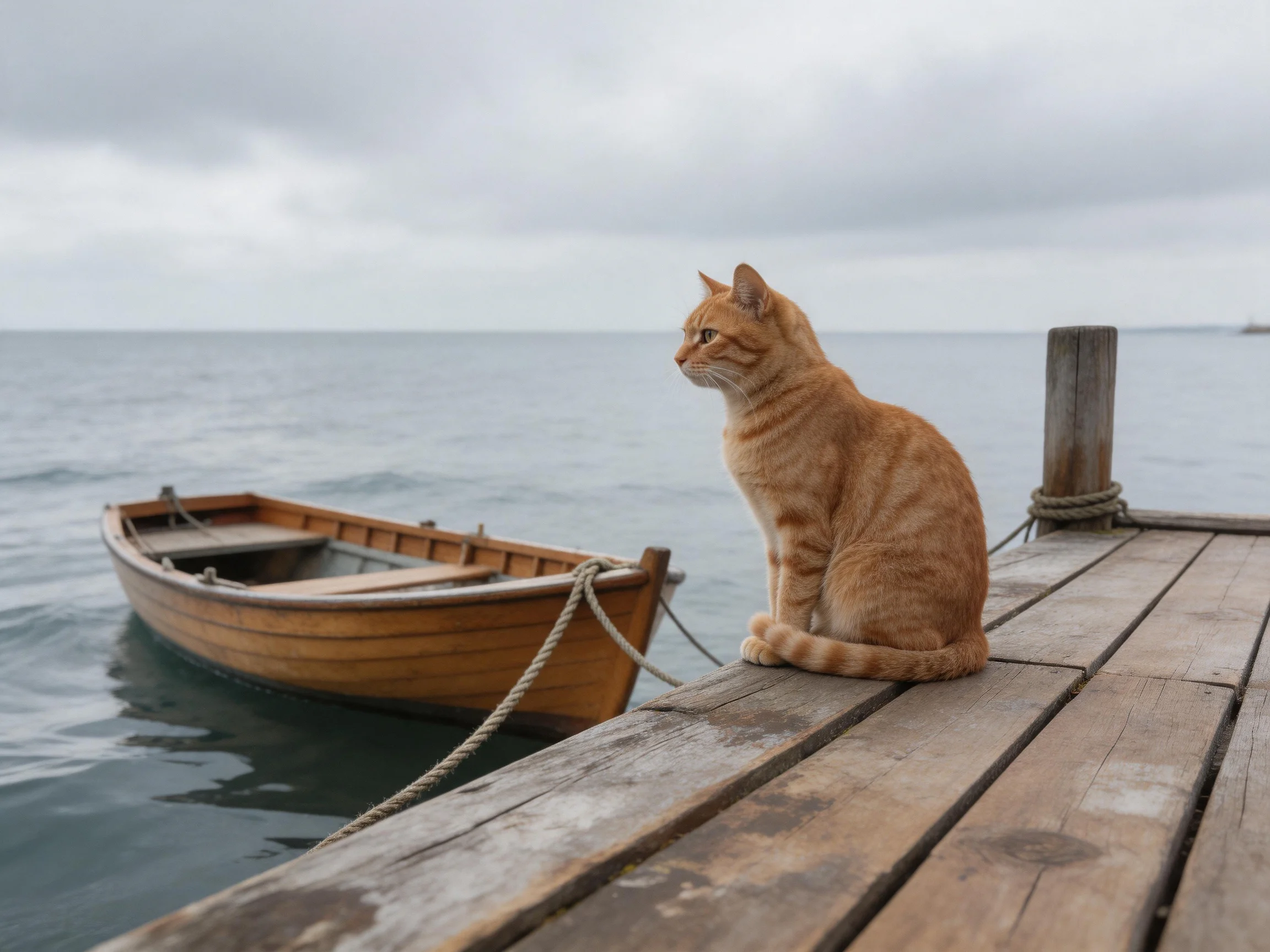 An orange tabby cat sits on a weathered dock beside a small wooden boat