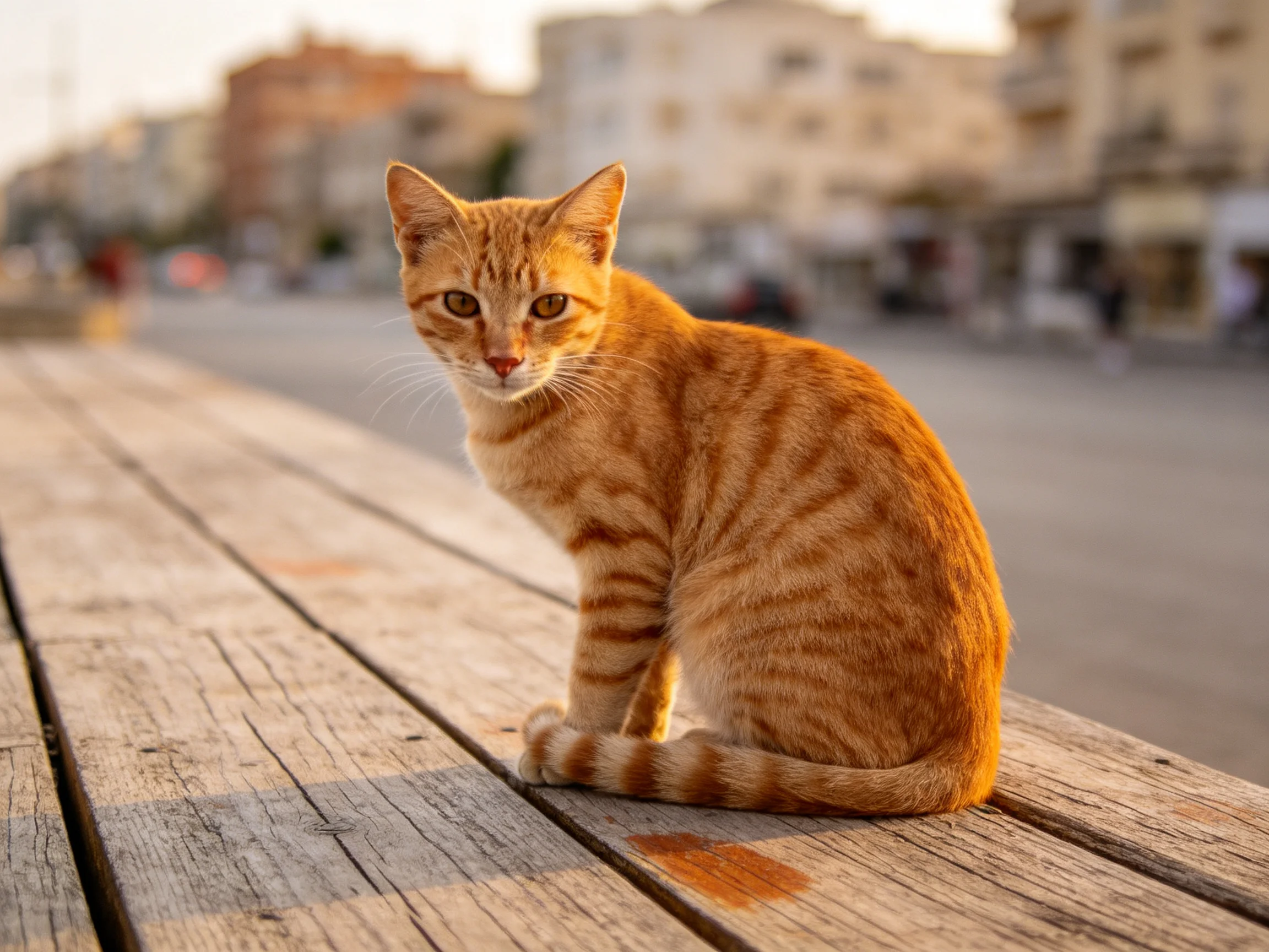 An orange tabby cat sits on a weathered wooden boardwalk near city buildings