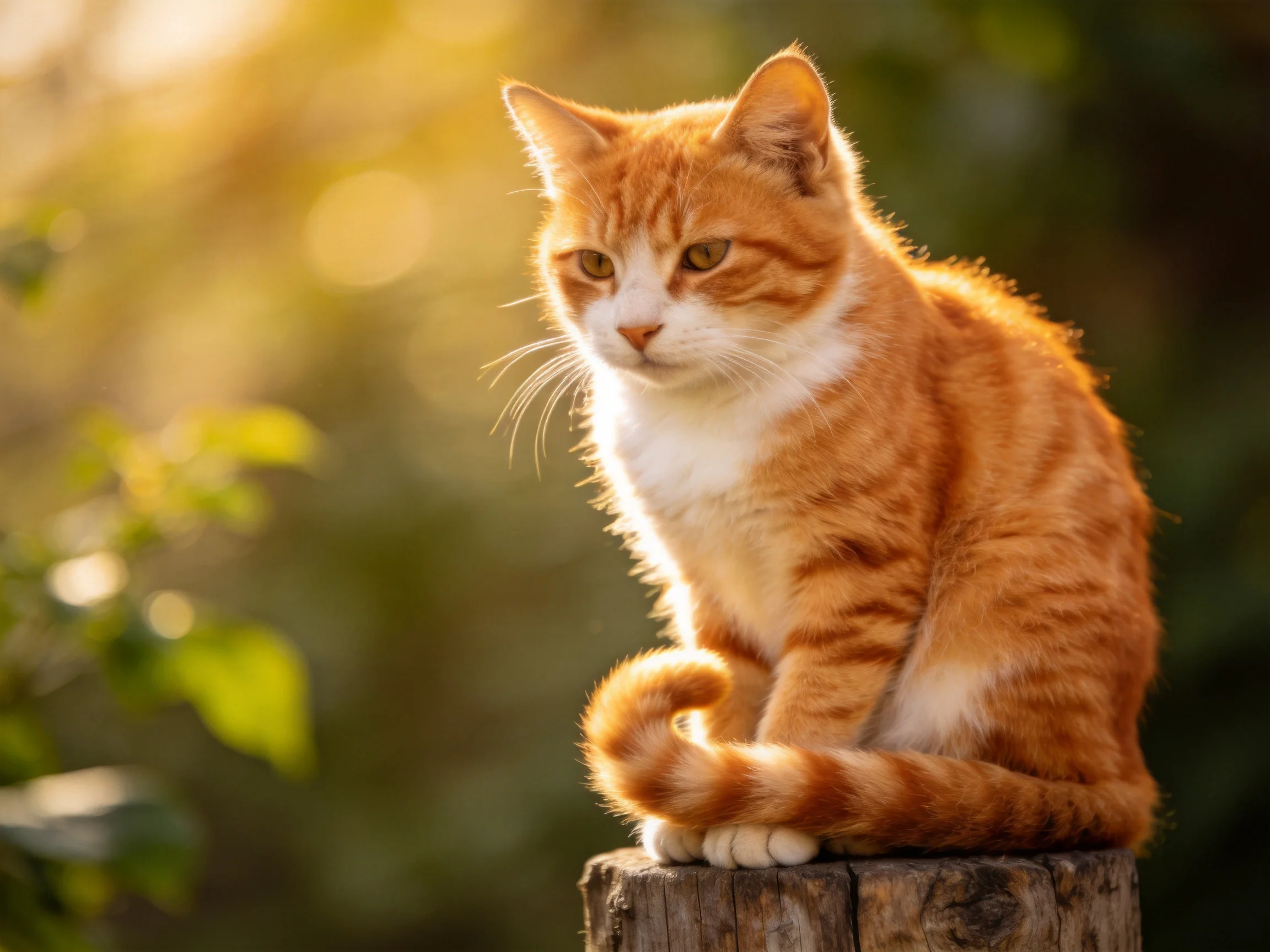 An orange tabby cat sits on a wooden post in golden sunlight.