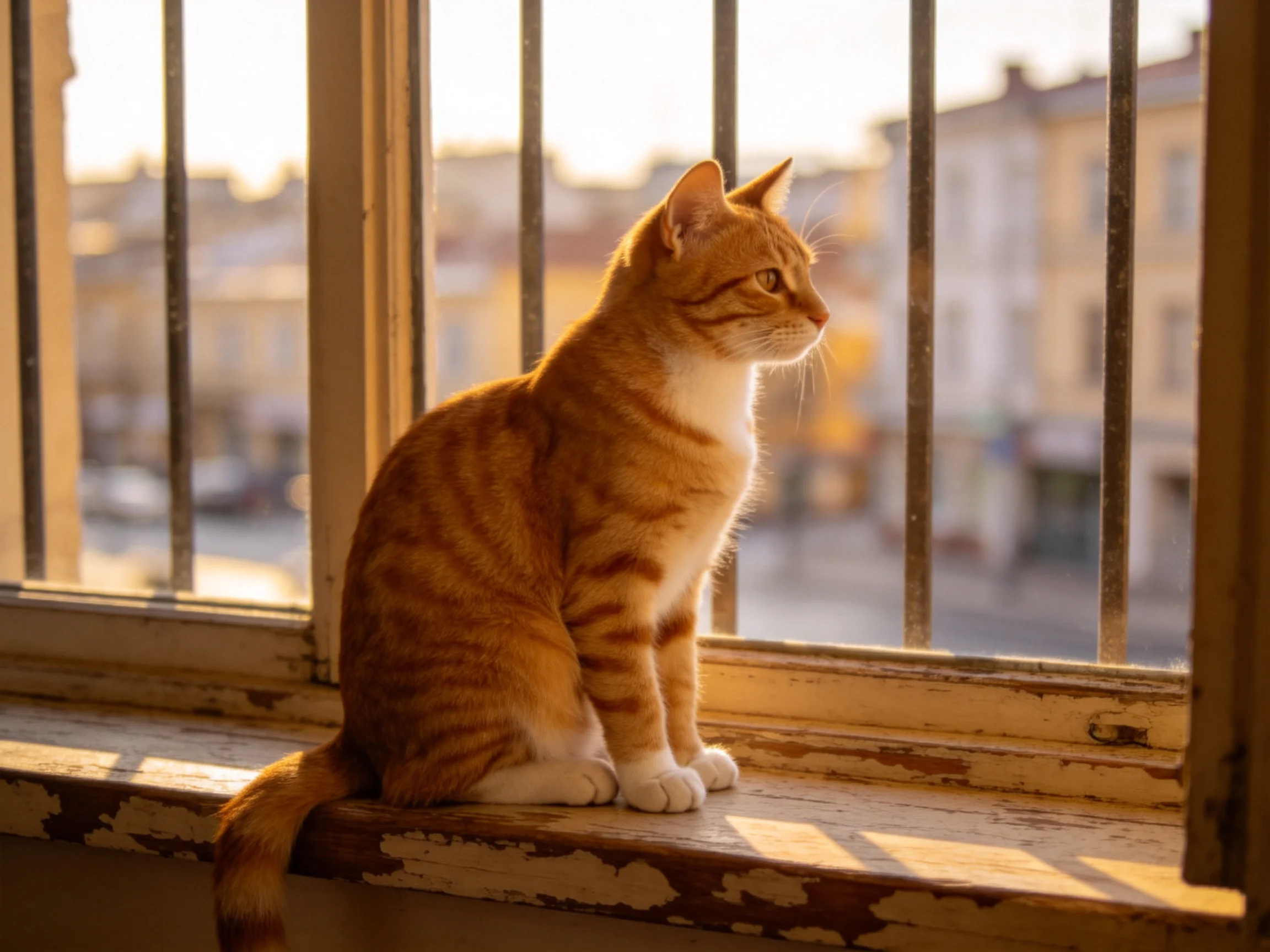 An orange tabby cat sits on a weathered wooden windowsill overlooking a city street