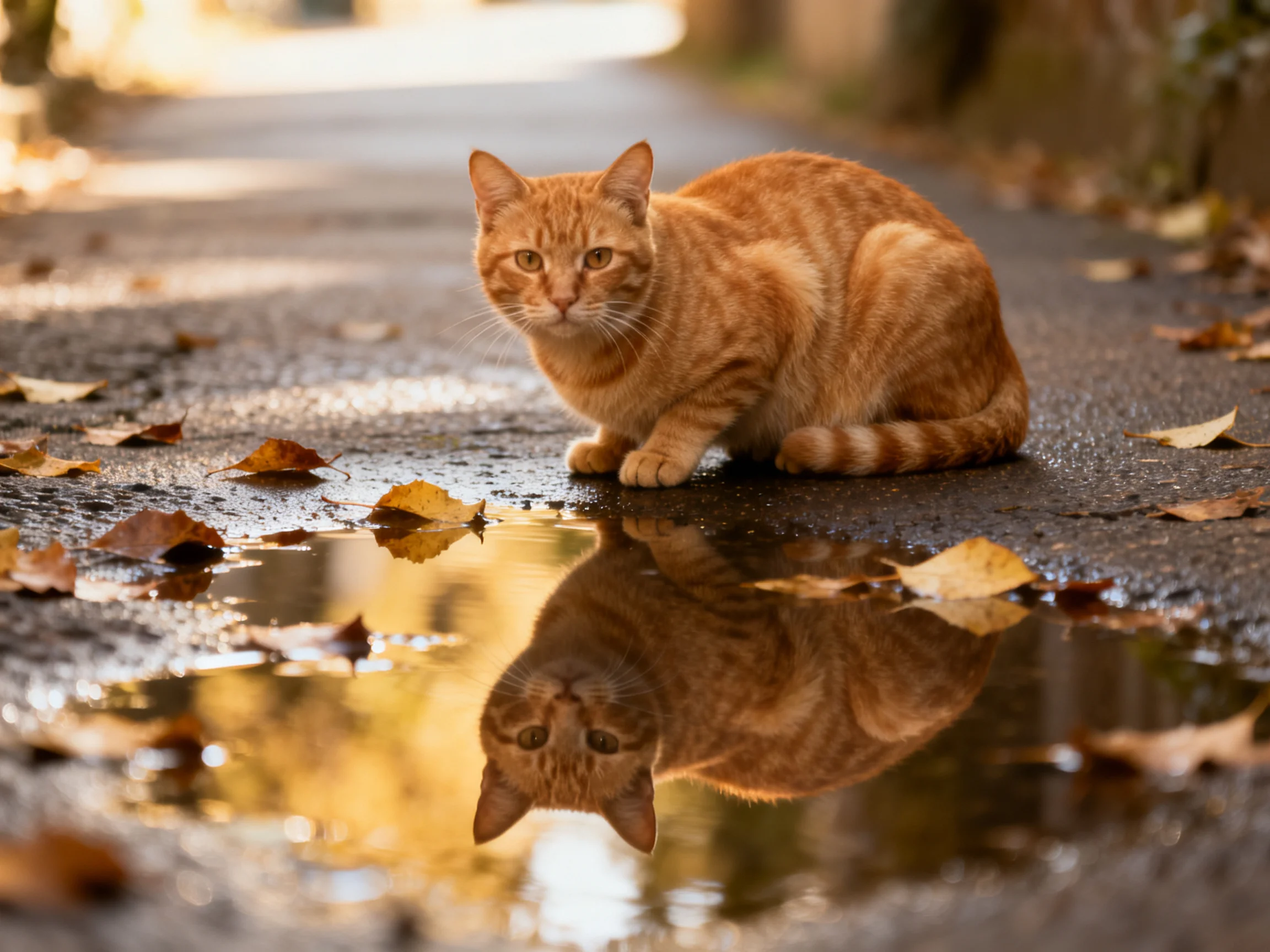 An orange tabby cat sits on a wet autumn street with leaf reflections