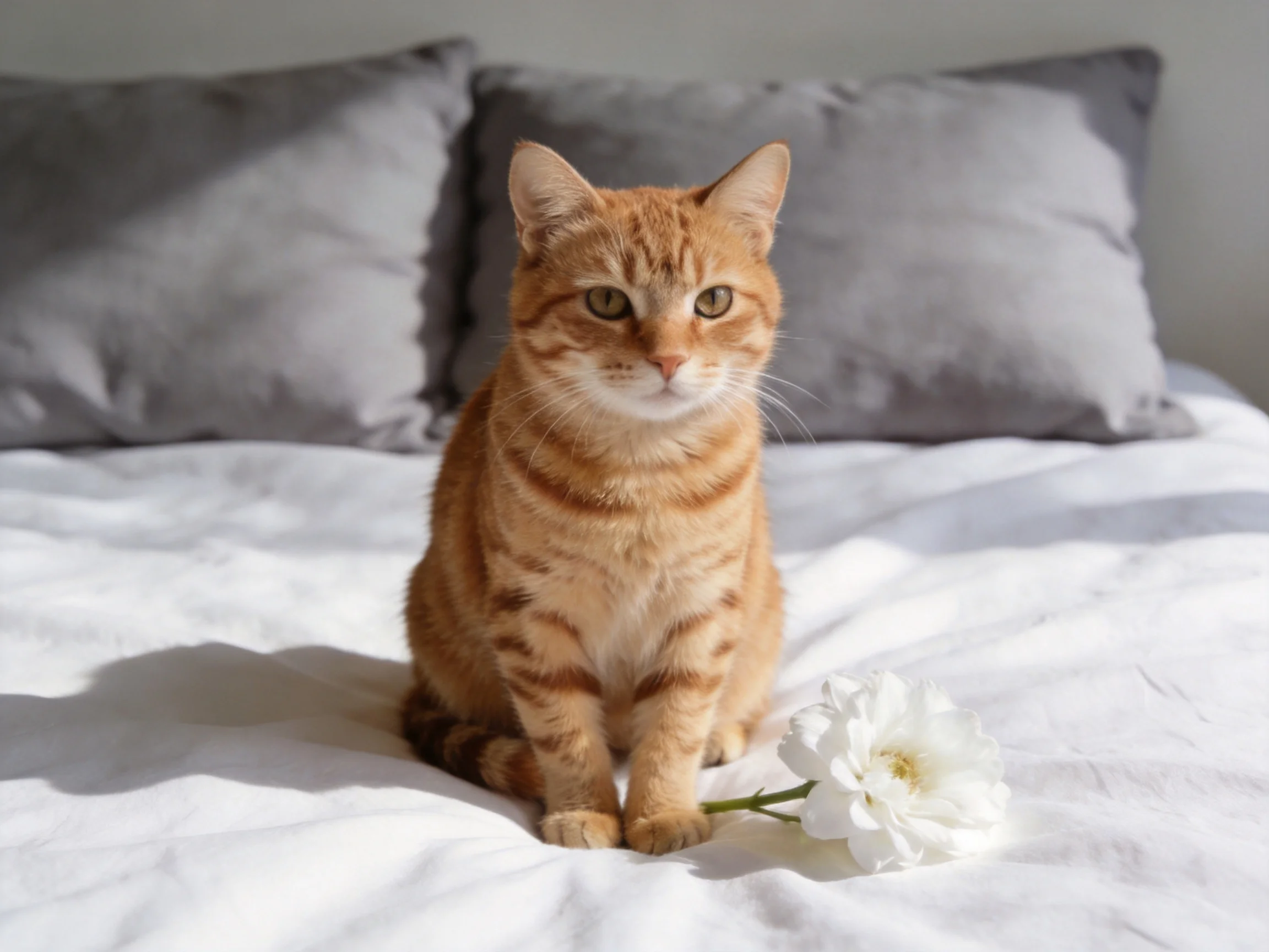An orange tabby cat sits on a white bed near gray pillows and a white flower