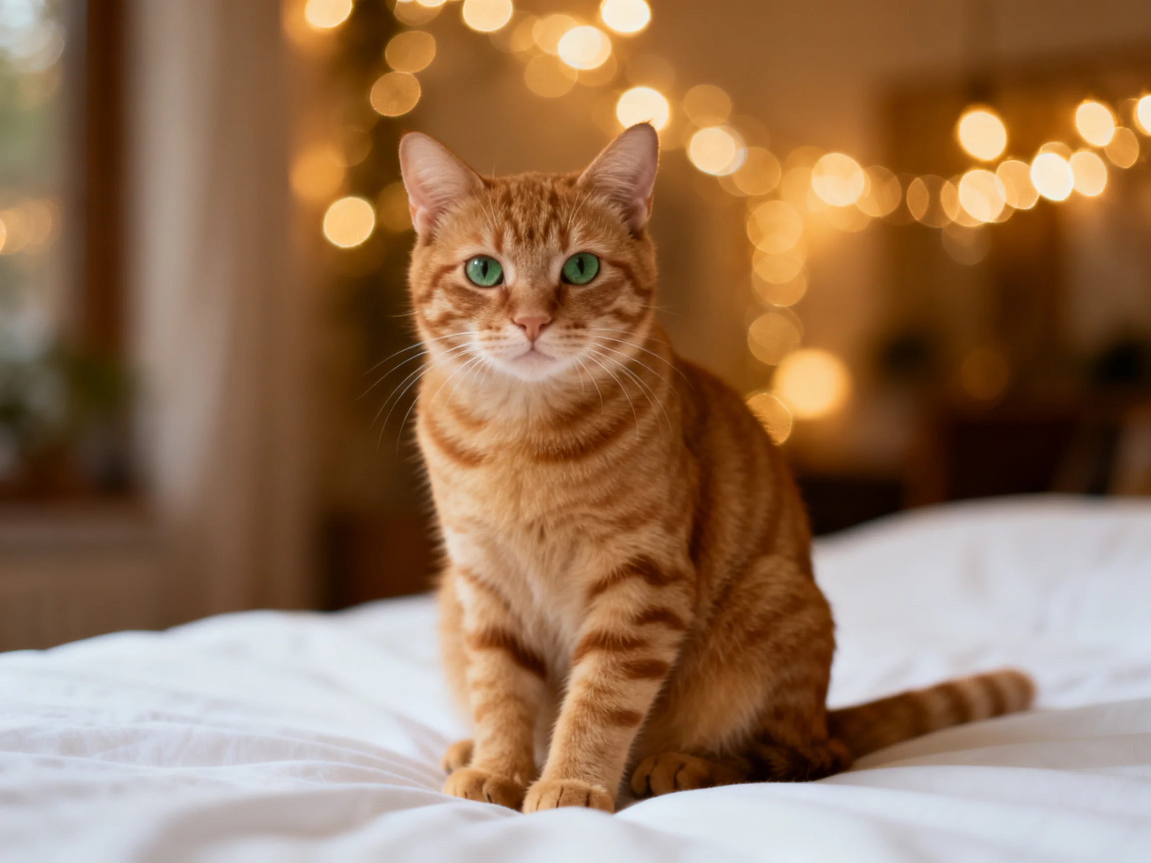A single orange tabby cat sits on a white bed in a softly lit room with bokeh lights.