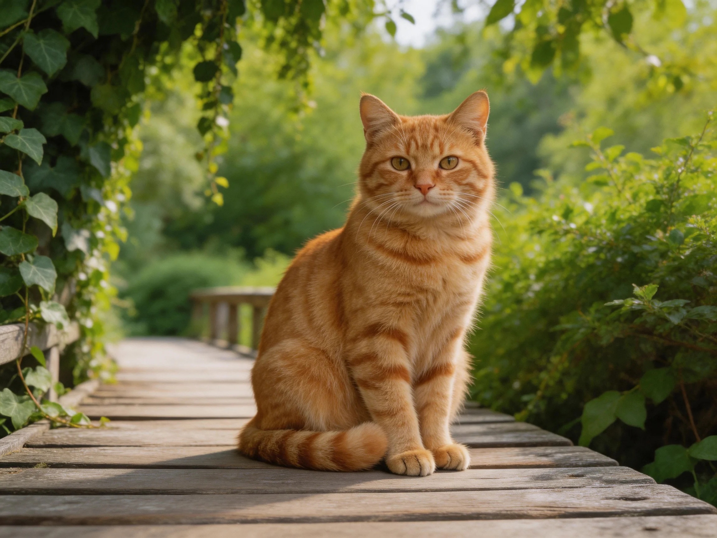 An orange tabby cat sits on a wooden bridge surrounded by greenery.