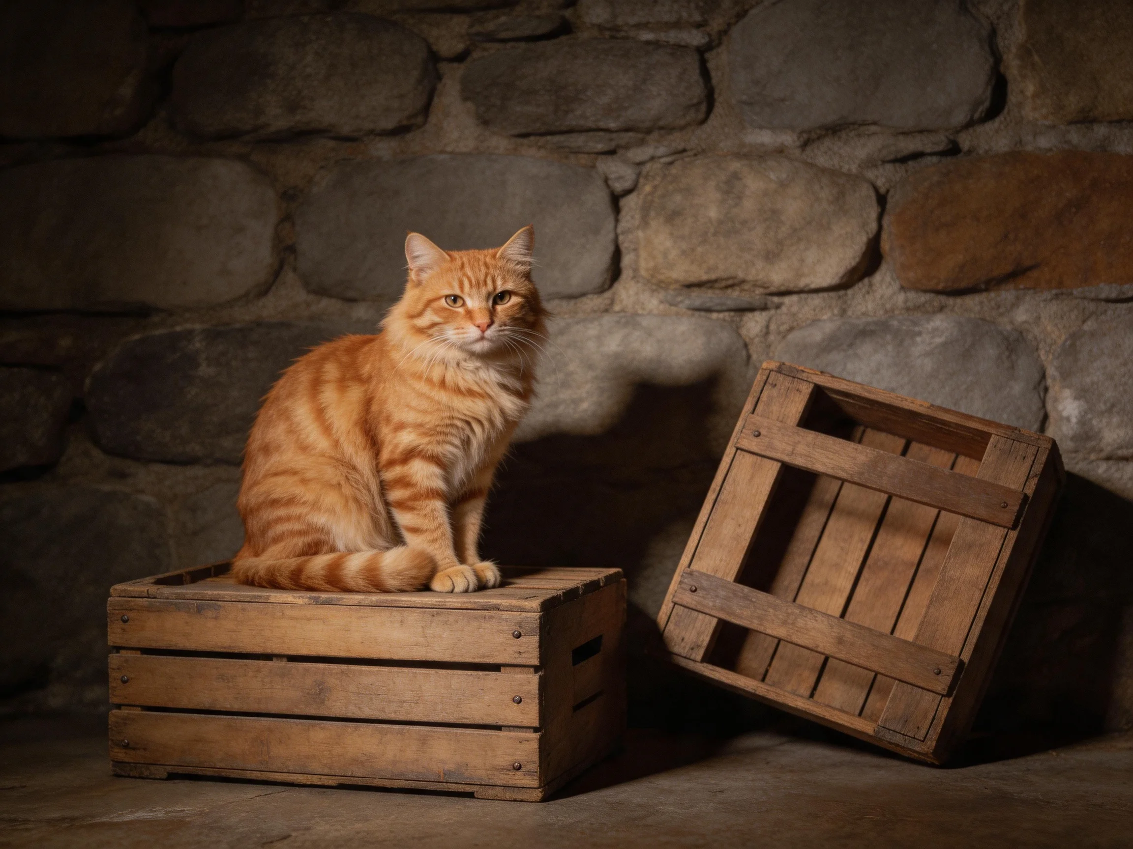 An orange tabby cat sits on a wooden crate next to a stone wall.