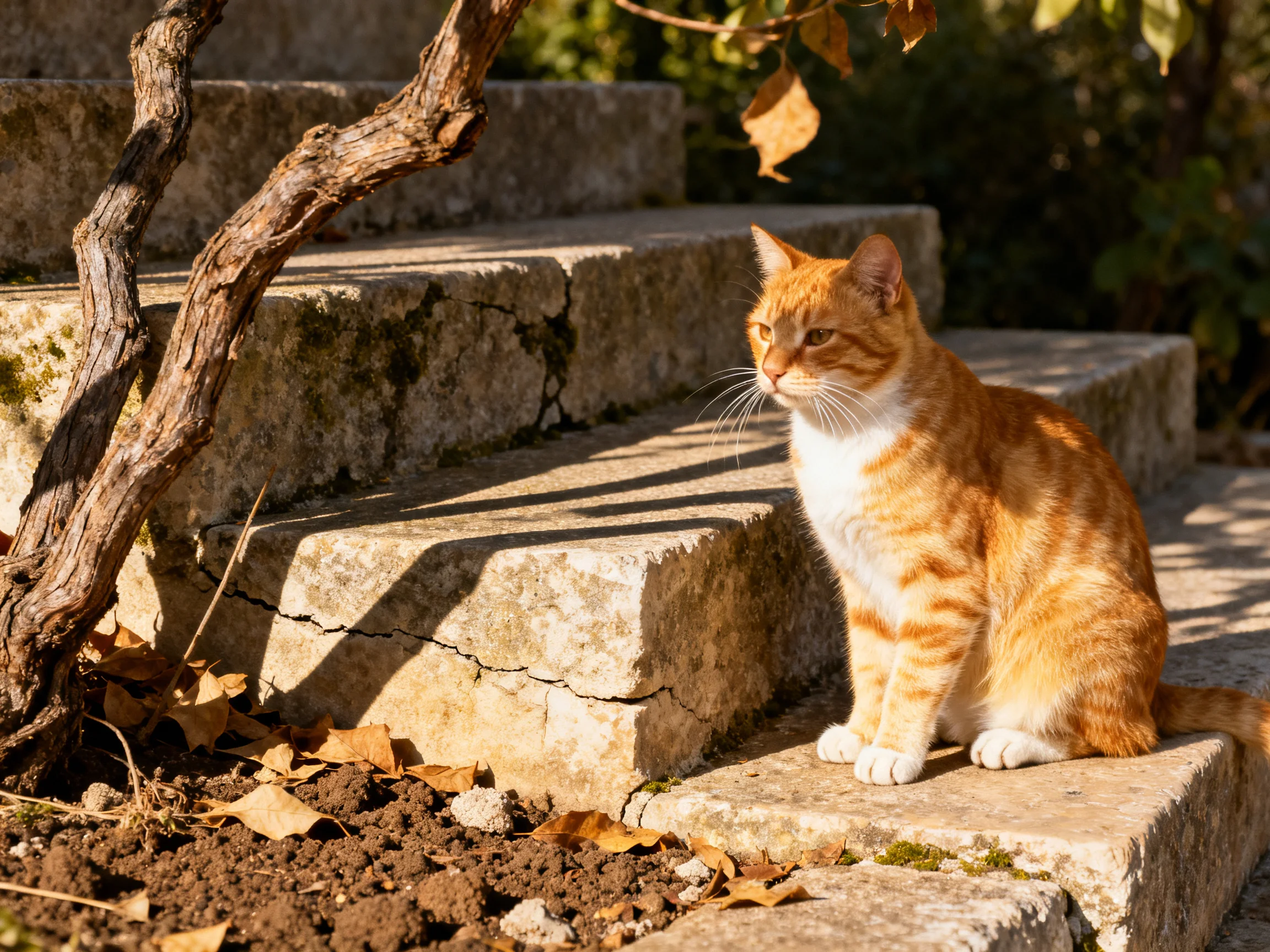 An orange tabby cat sits on aged stone steps near a gnarled vine