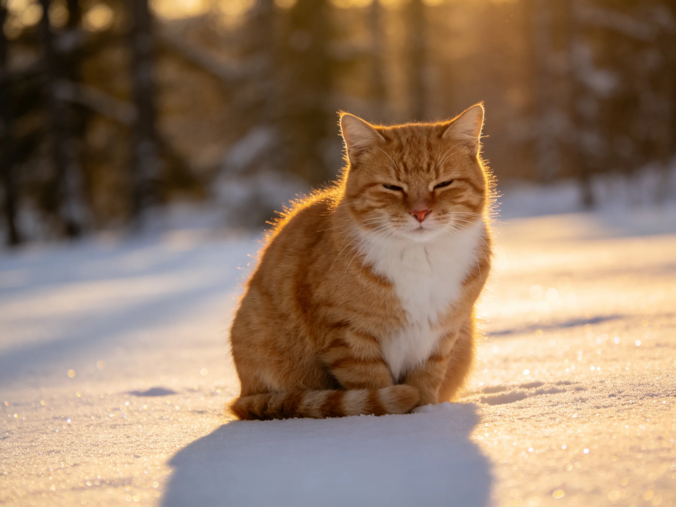 An orange tabby cat relaxes on snow in a sunlit winter setting