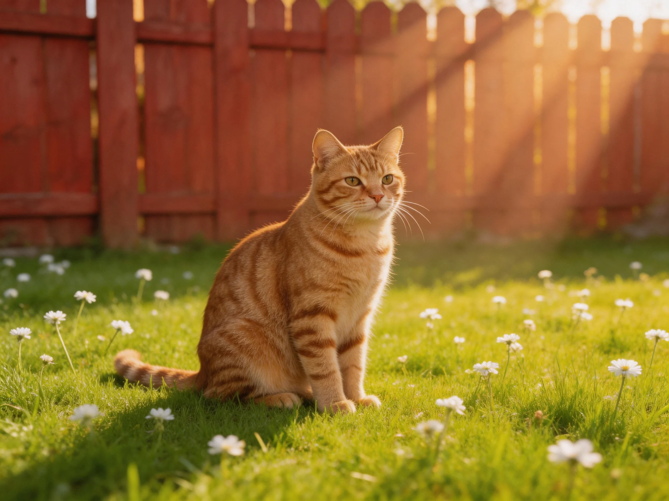 An orange tabby cat sits on grass near a red fence in a sunlit yard.