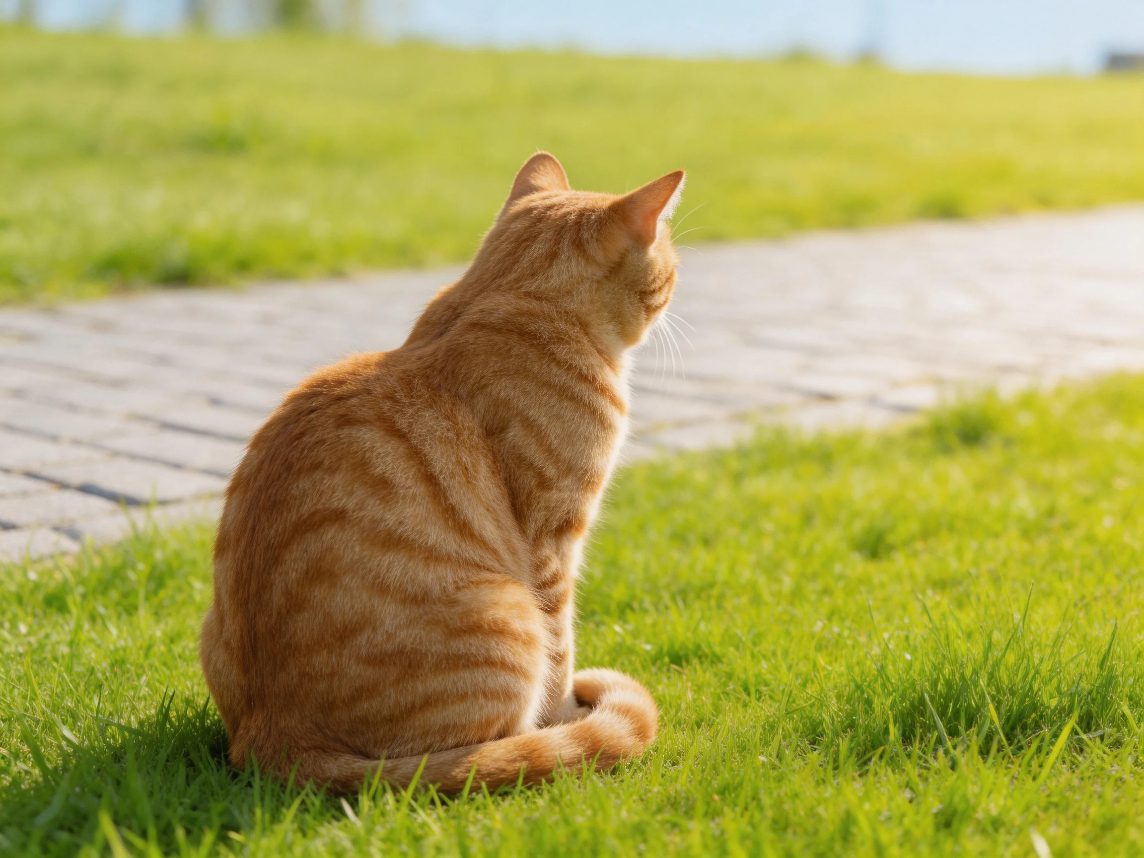 An orange tabby cat sits on green grass beside a paved walkway.