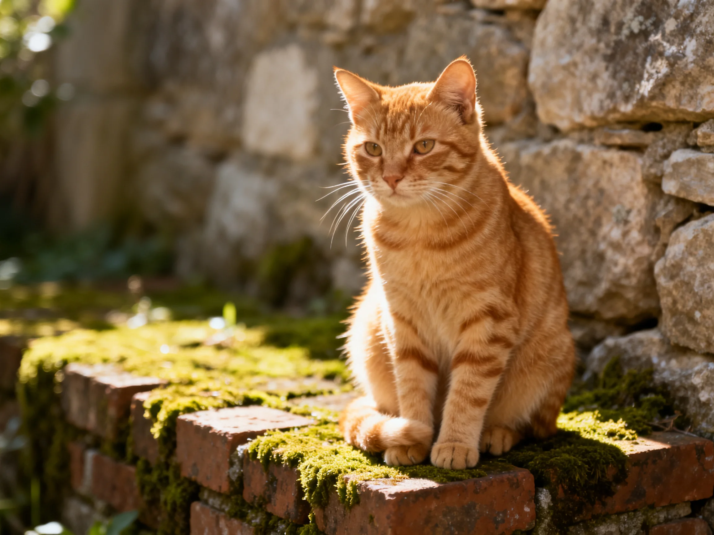 An orange tabby cat sits on moss-covered bricks near a stone wall