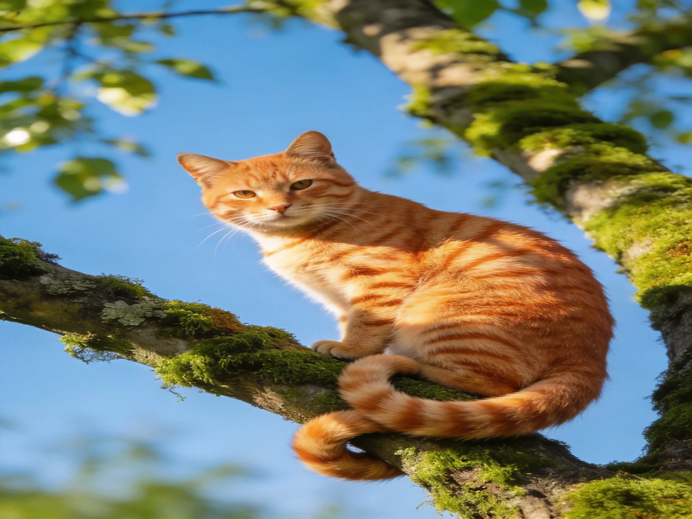 An orange tabby cat sits on mossy tree branches under a clear blue sky