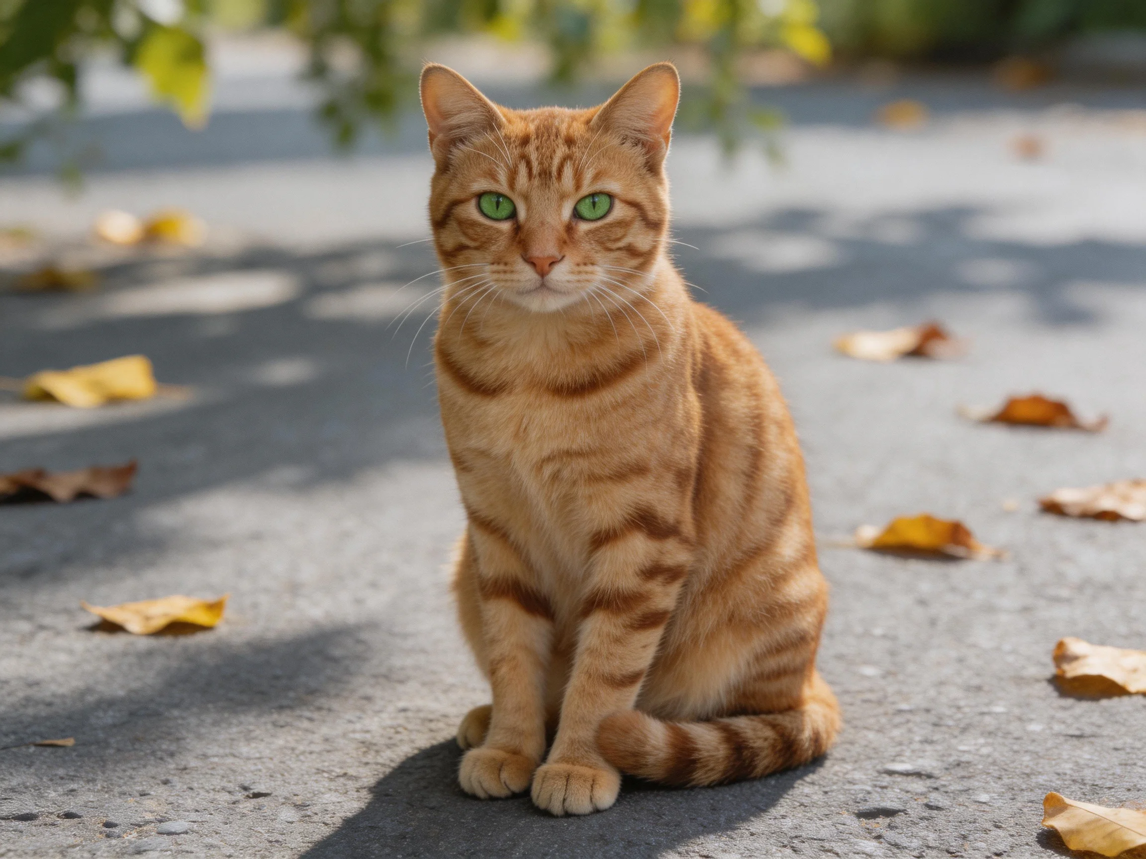 An orange tabby cat sits on pavement amid scattered autumn leaves