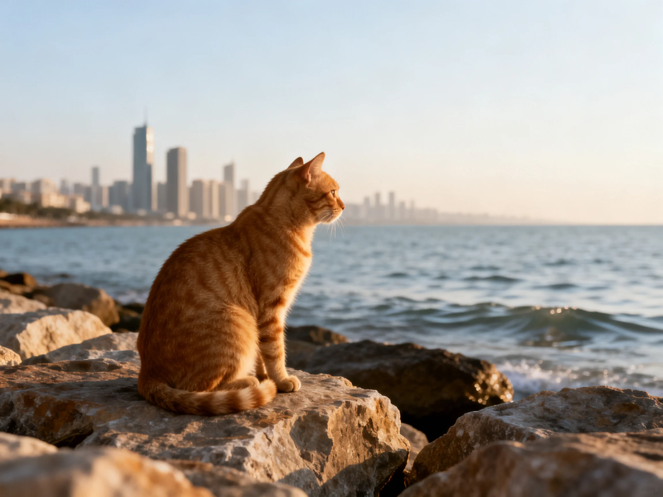An orange tabby cat sits on rocky shore overlooking calm ocean with city skyline