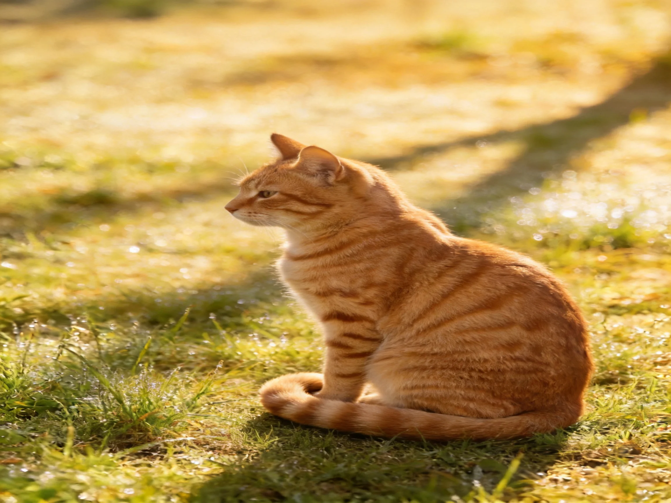 An orange tabby cat sits on sun-drenched green grass outdoors.