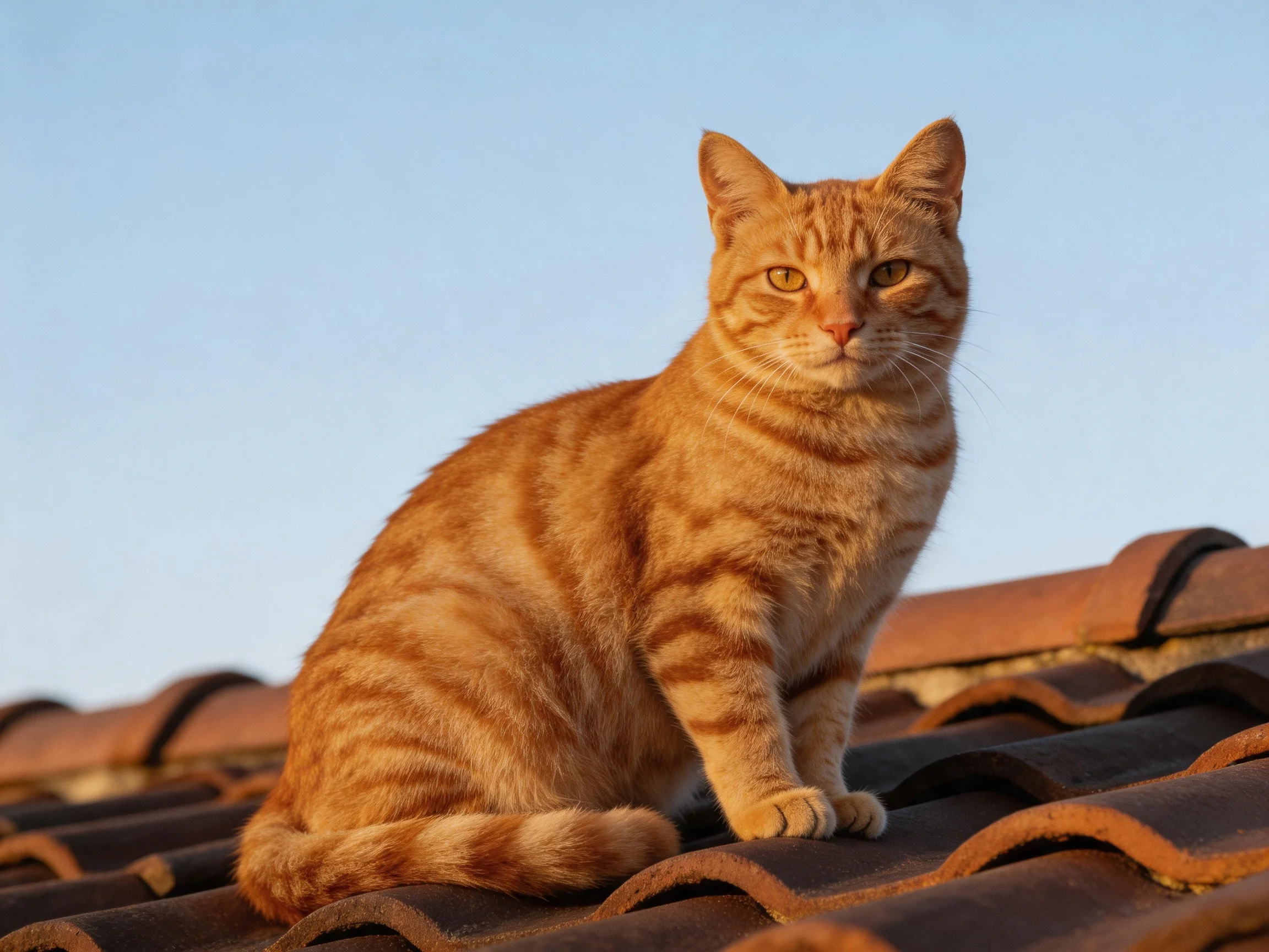 An orange tabby cat sits on terracotta rooftops under a clear sky