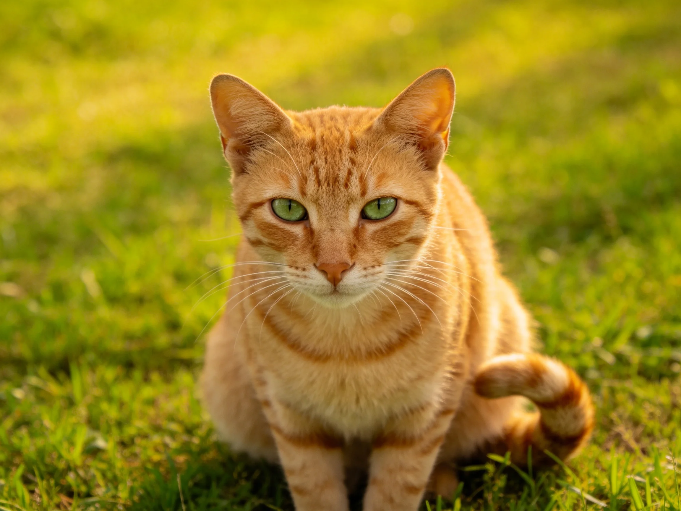 An orange tabby cat sits serenely on lush green grass