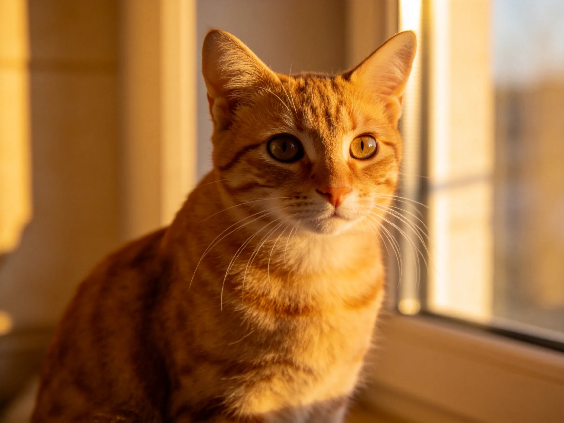 An orange tabby cat sits by a sunlit window, illuminated by warm natural light.