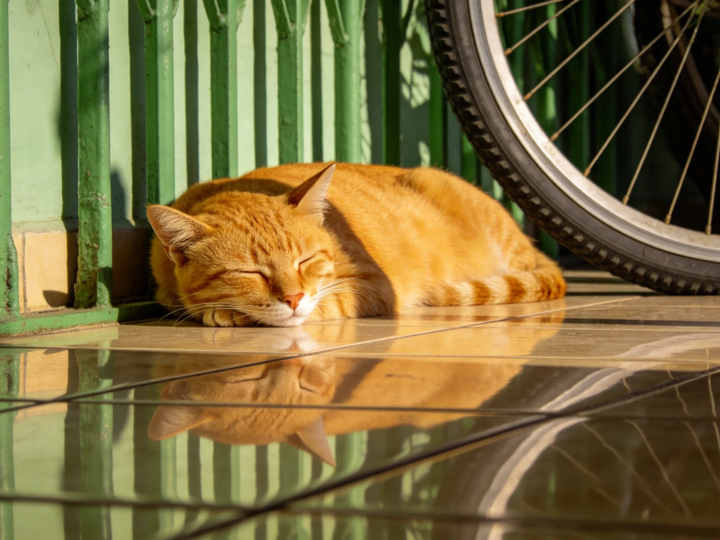 An orange cat rests near a green fence and bicycle wheel