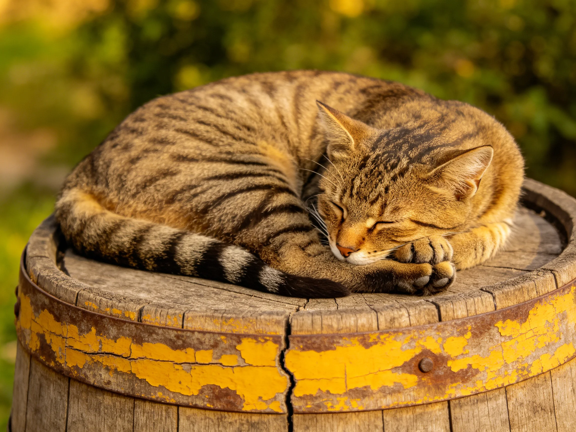 An orange tabby cat sleeps curled on a weathered wooden barrel with faded yellow paint
