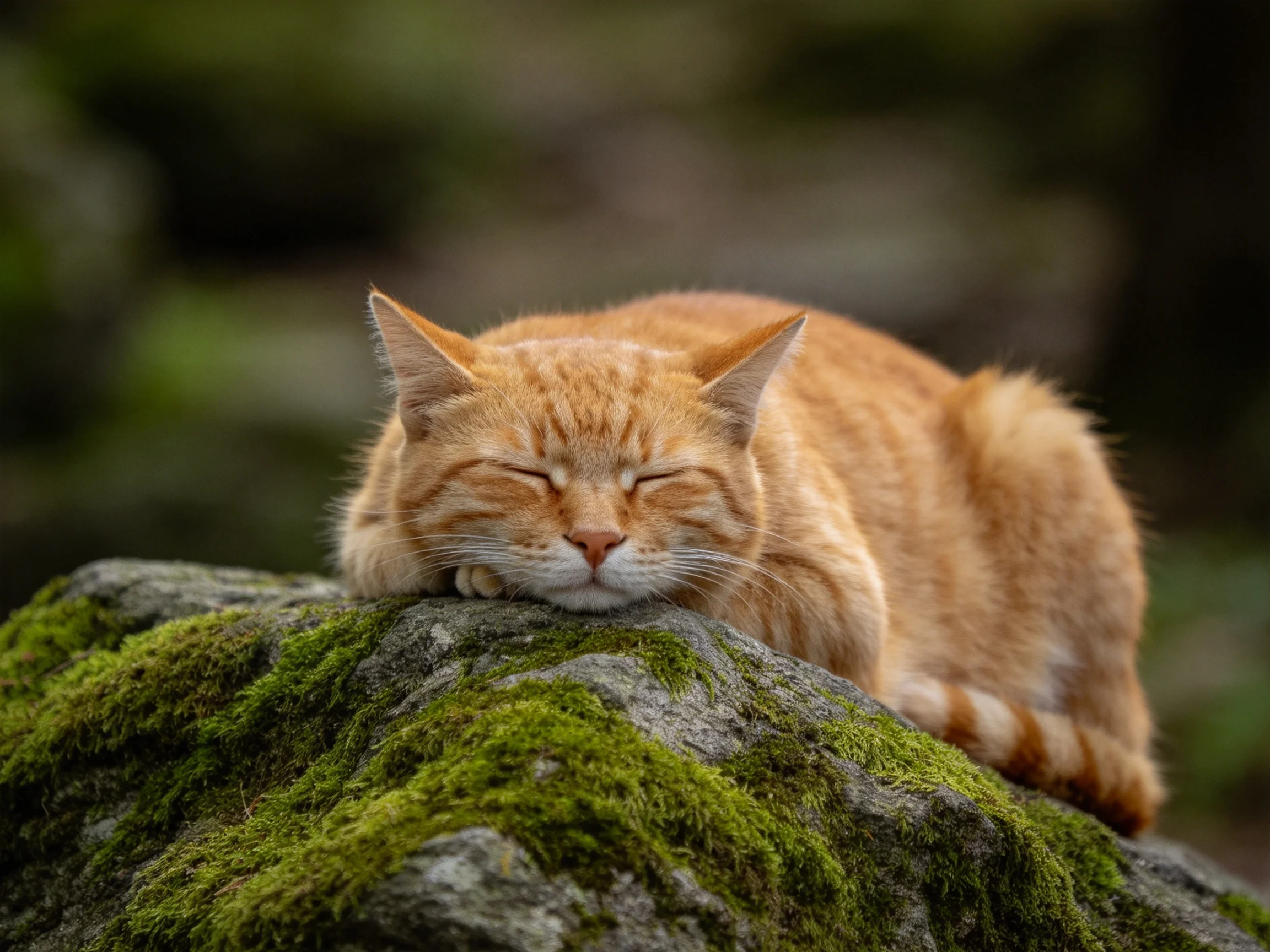 An orange tabby cat sleeps on a mossy rock in a forest