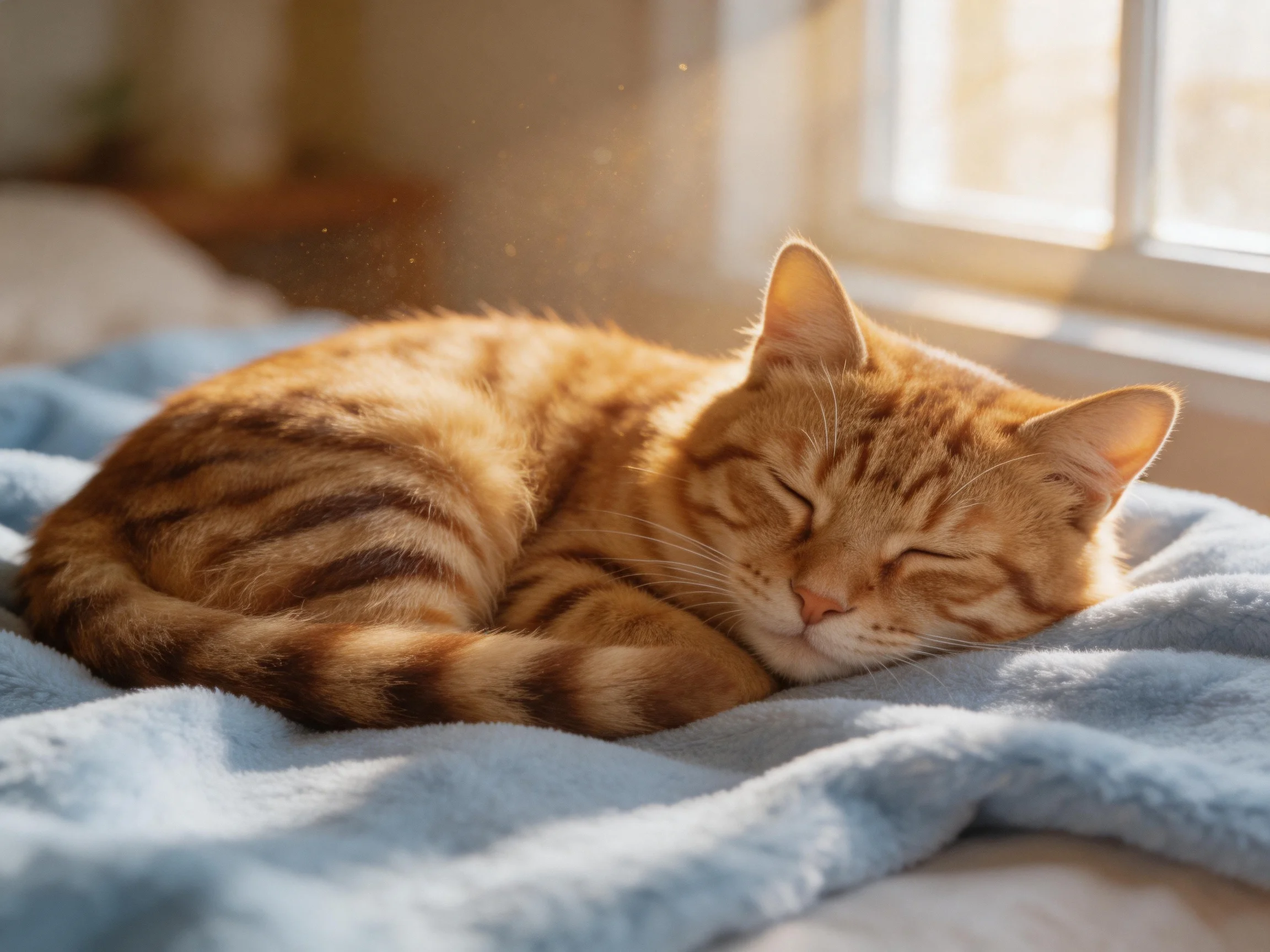 An orange tabby cat rests on a blue blanket in a sunlit room.