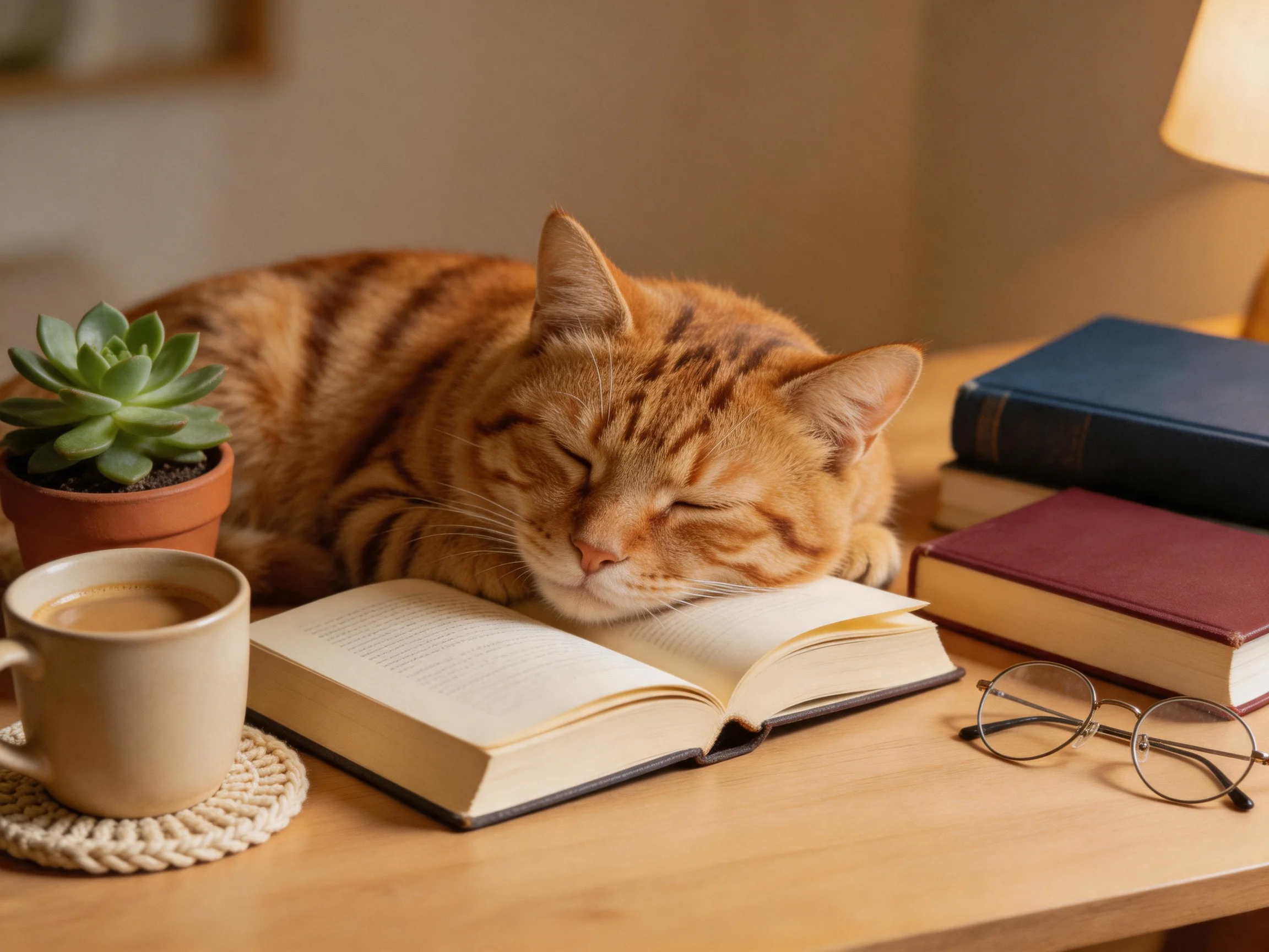 An orange tabby cat naps on open books next to a succulent and coffee.