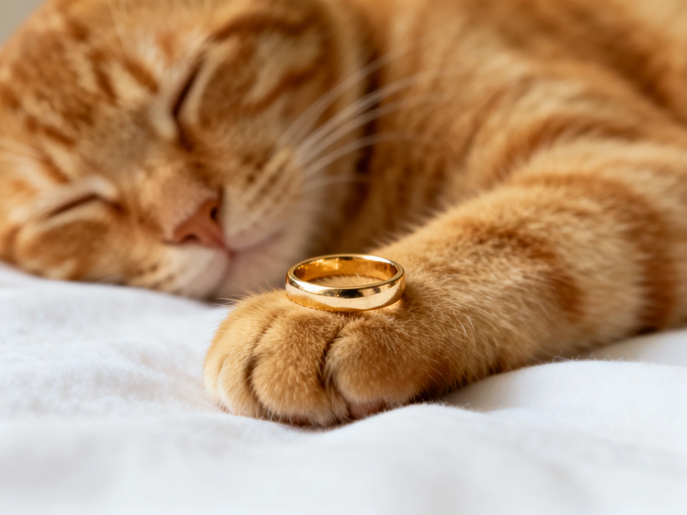 An orange tabby cat sleeps with a gold band on its paw