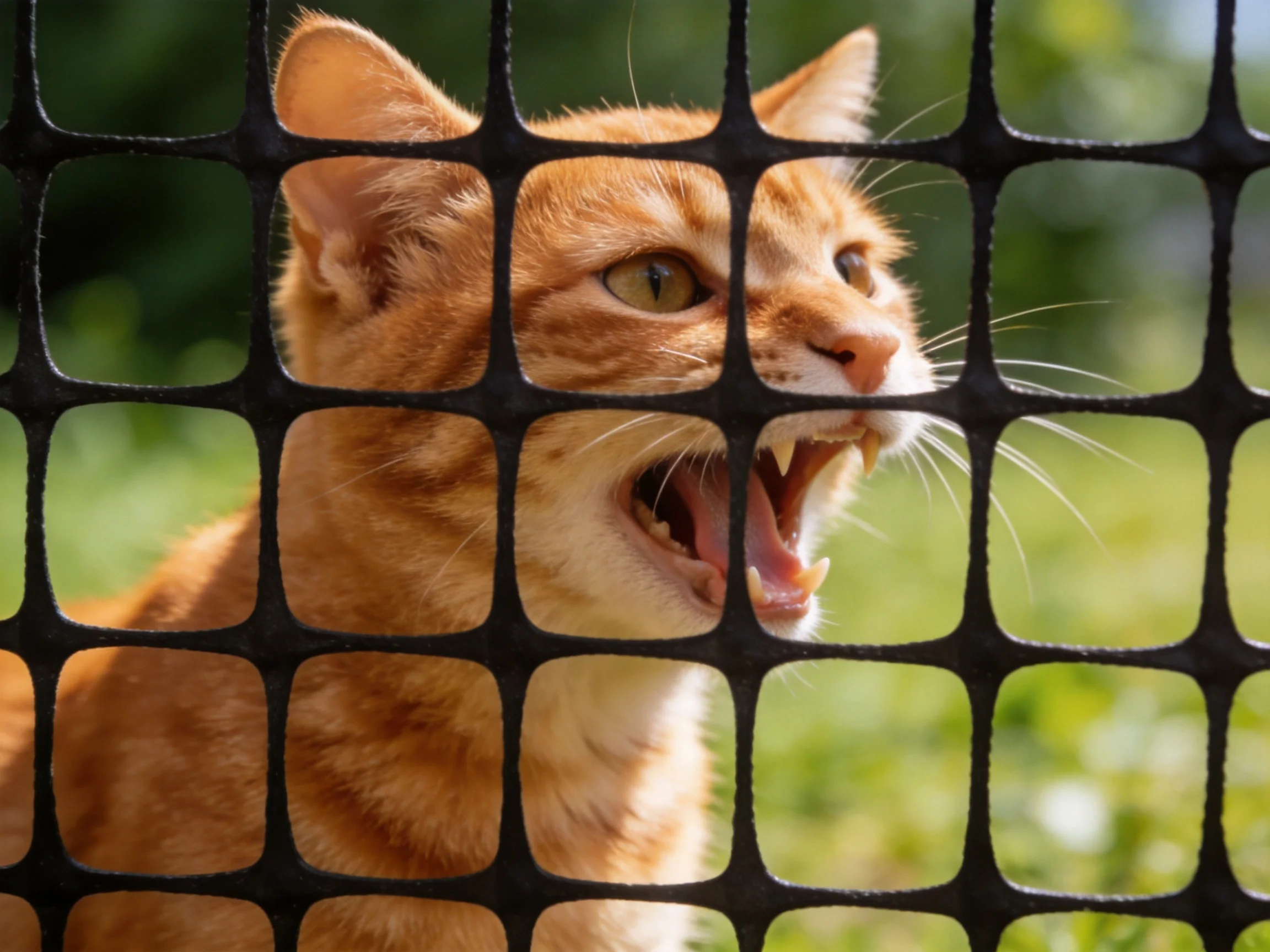 An orange tabby cat shows aggression behind a black mesh fence.