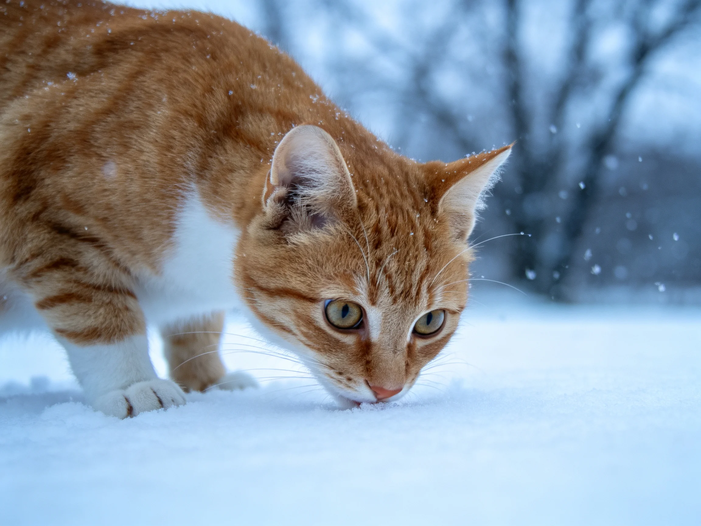 An orange tabby cat sniffs at fresh white snow in a wintry landscape