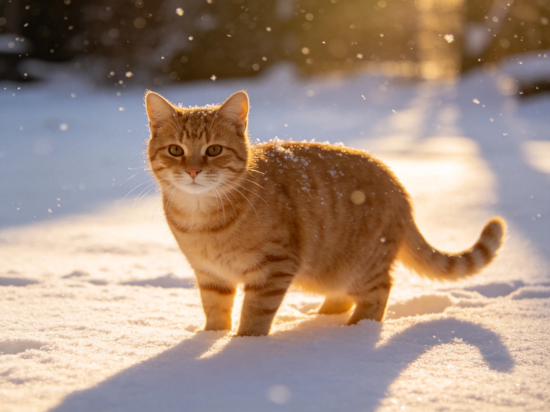 An orange tabby cat stands in bright snow with sunlight casting shadows.