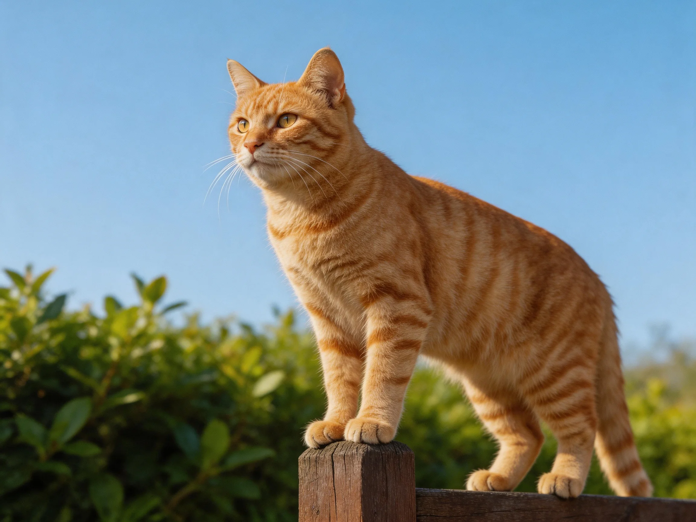 An orange tabby cat stands alert on a wooden fencepost against a clear blue sky
