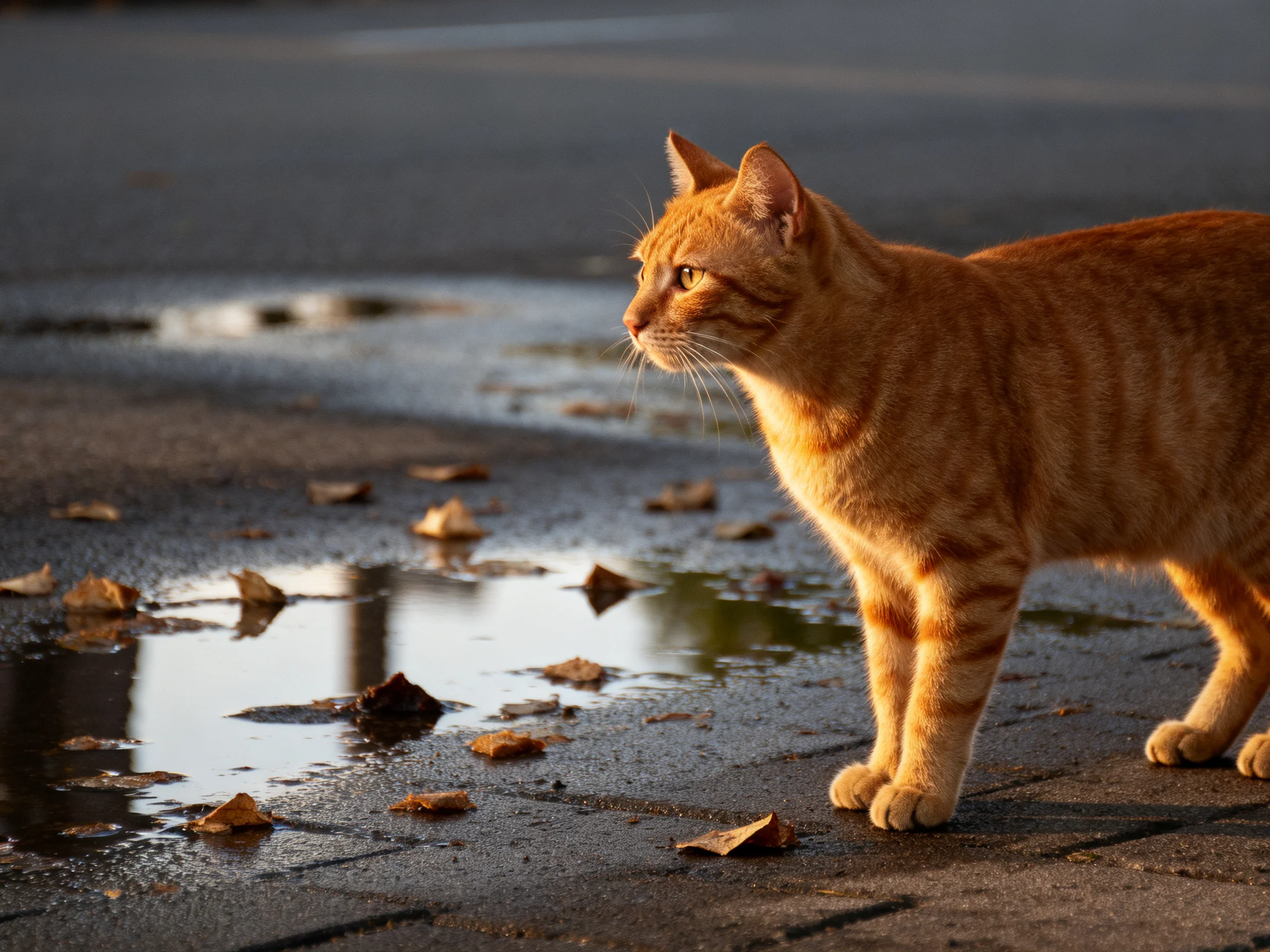 An orange tabby cat explores a wet pavement with scattered leaves