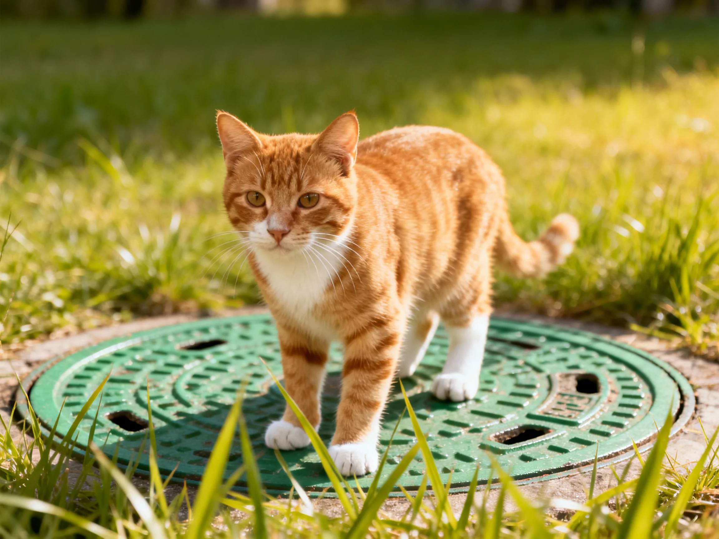 An orange tabby cat stands on a green manhole cover in a grassy outdoor space.