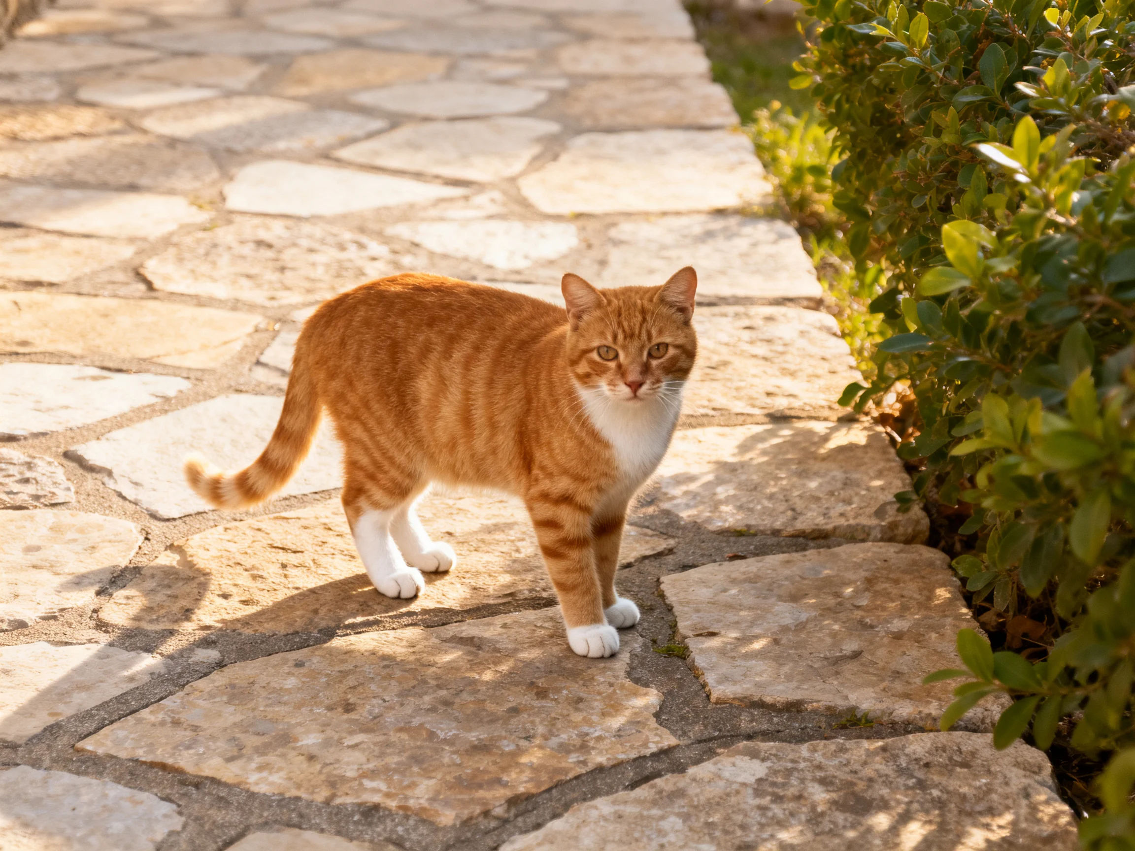 An orange tabby cat walks along a stone path next to green foliage.