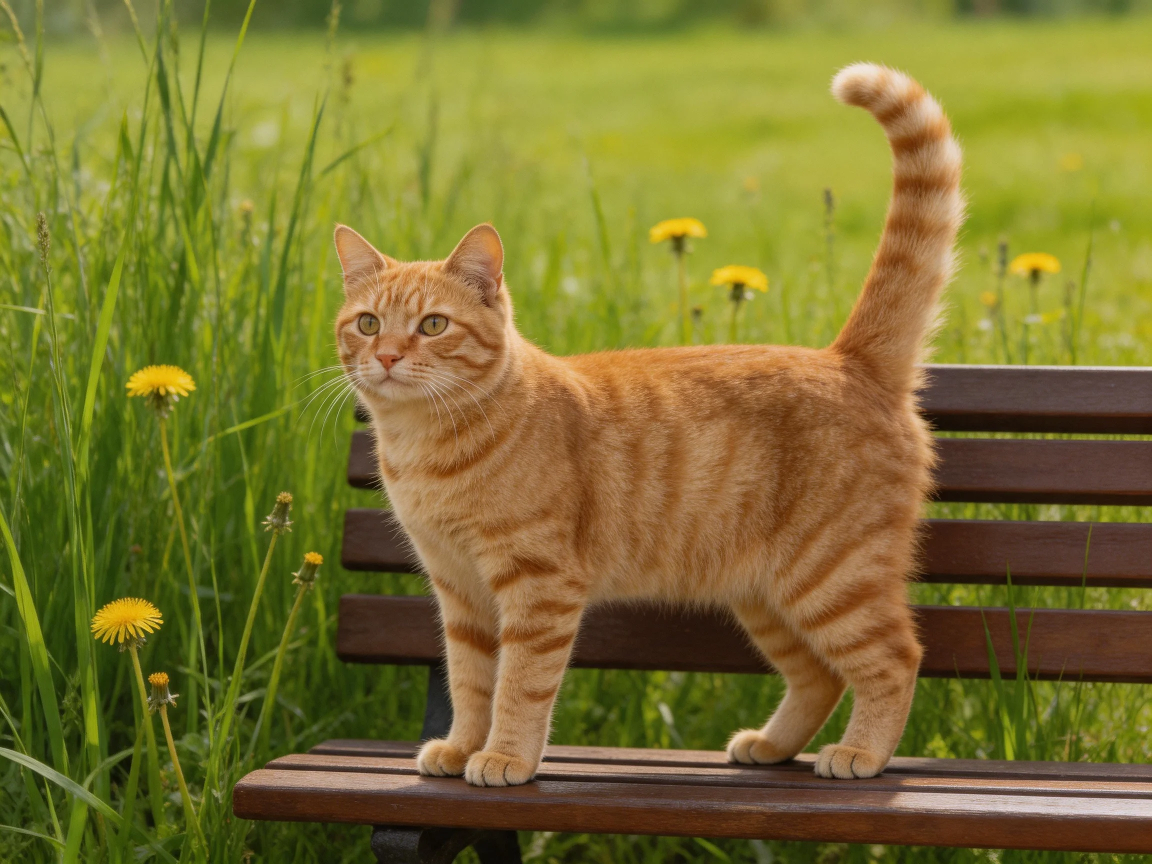 An orange tabby cat stands on a wooden bench in a grassy area with yellow flowers.
