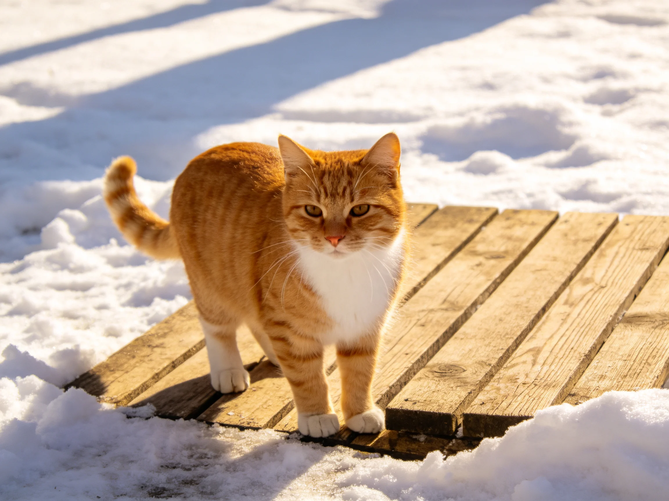 An orange tabby cat stands on a wooden platform in a snowy setting.