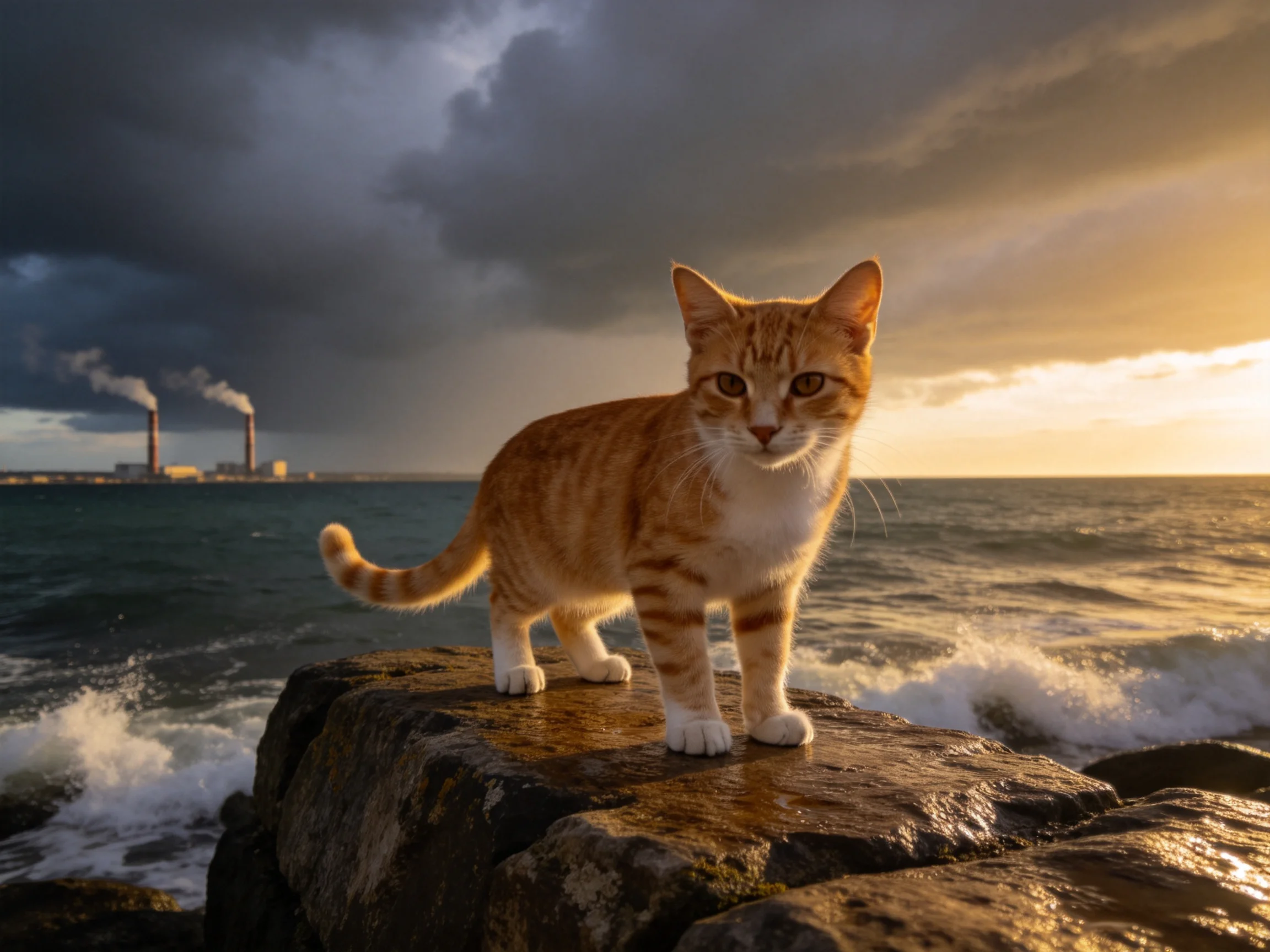 An orange tabby cat stands on rocky shores during a dramatic sunset.
