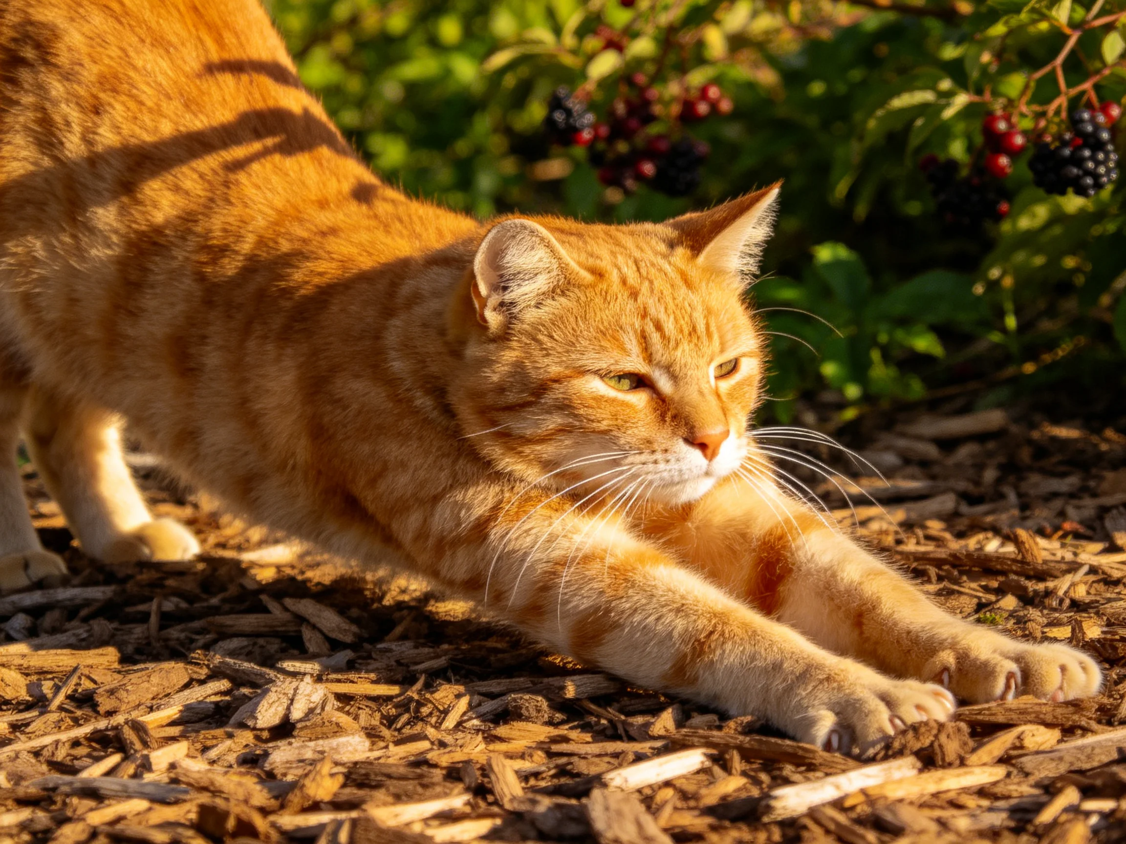 An orange tabby cat stretches on wood chips near berry bushes in golden light