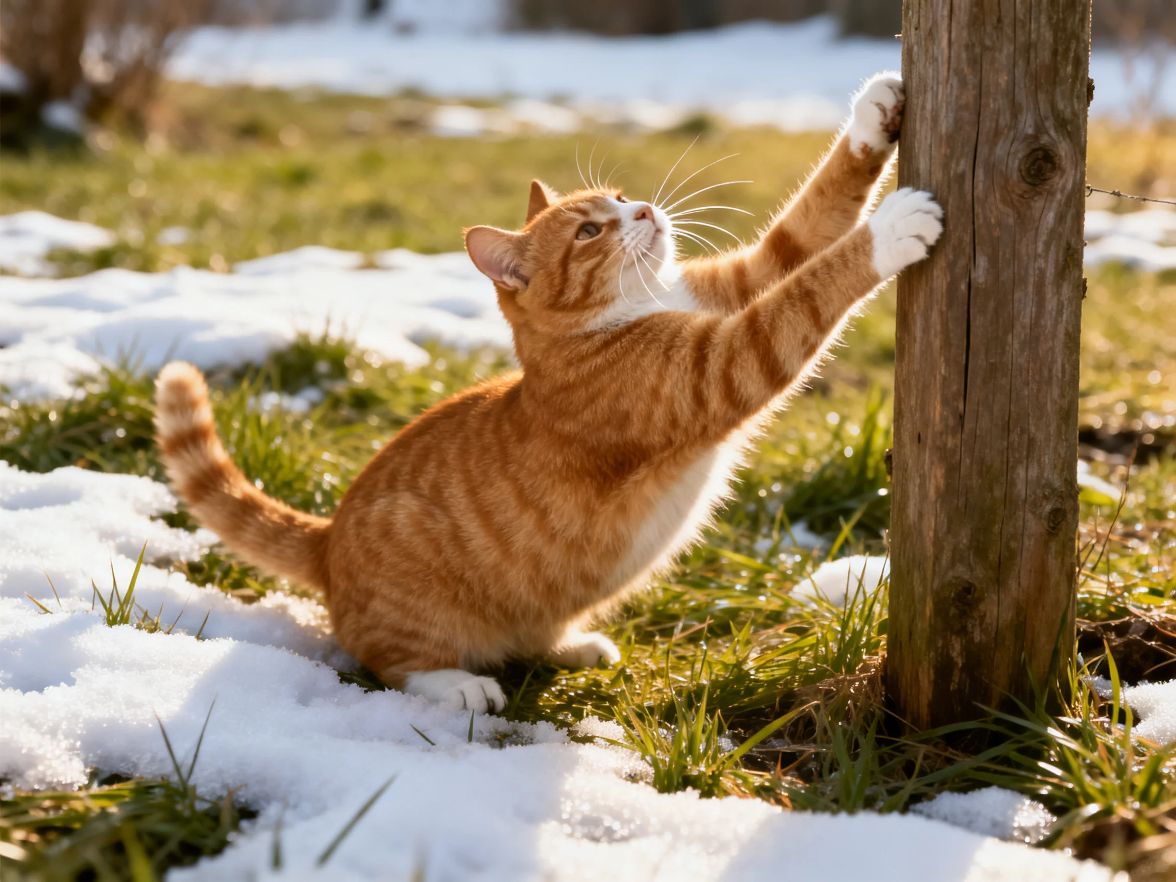 An orange tabby cat stretches toward a wooden post in a snowy, grassy area.