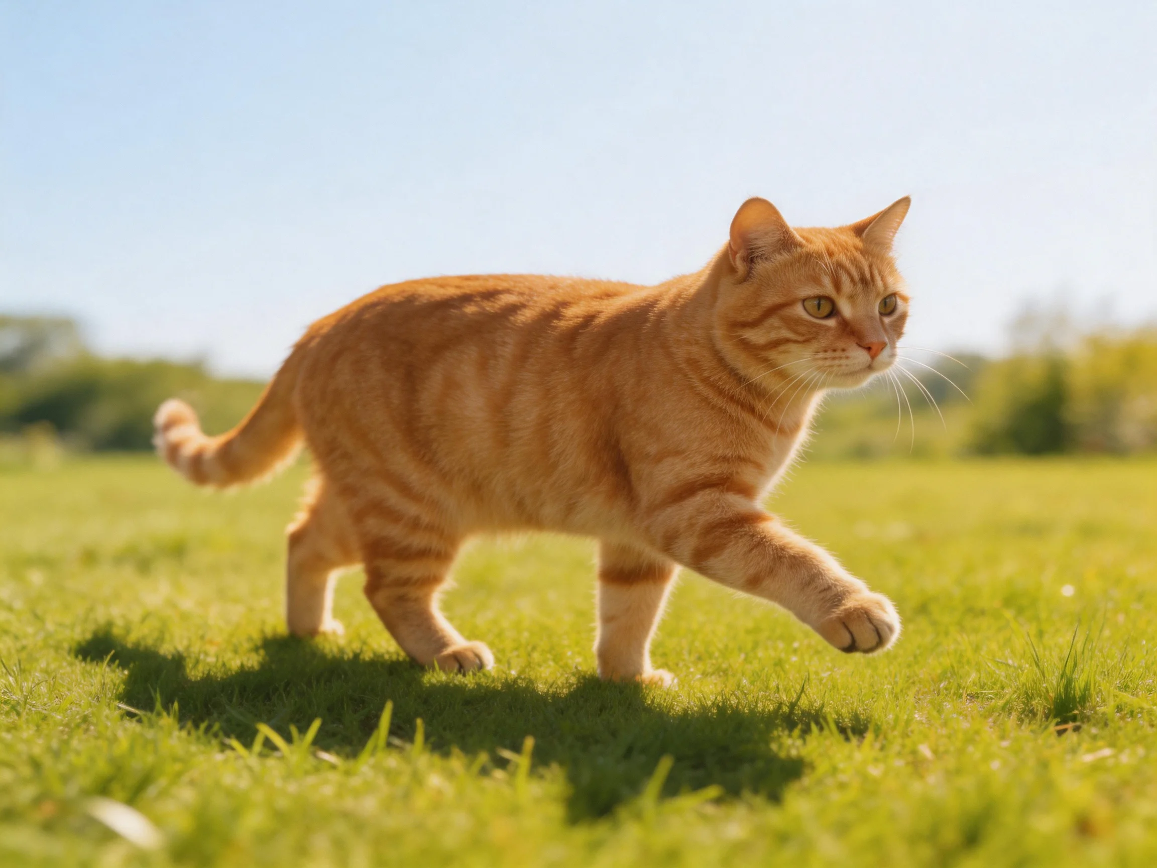 An orange tabby cat strides across a sunlit green meadow