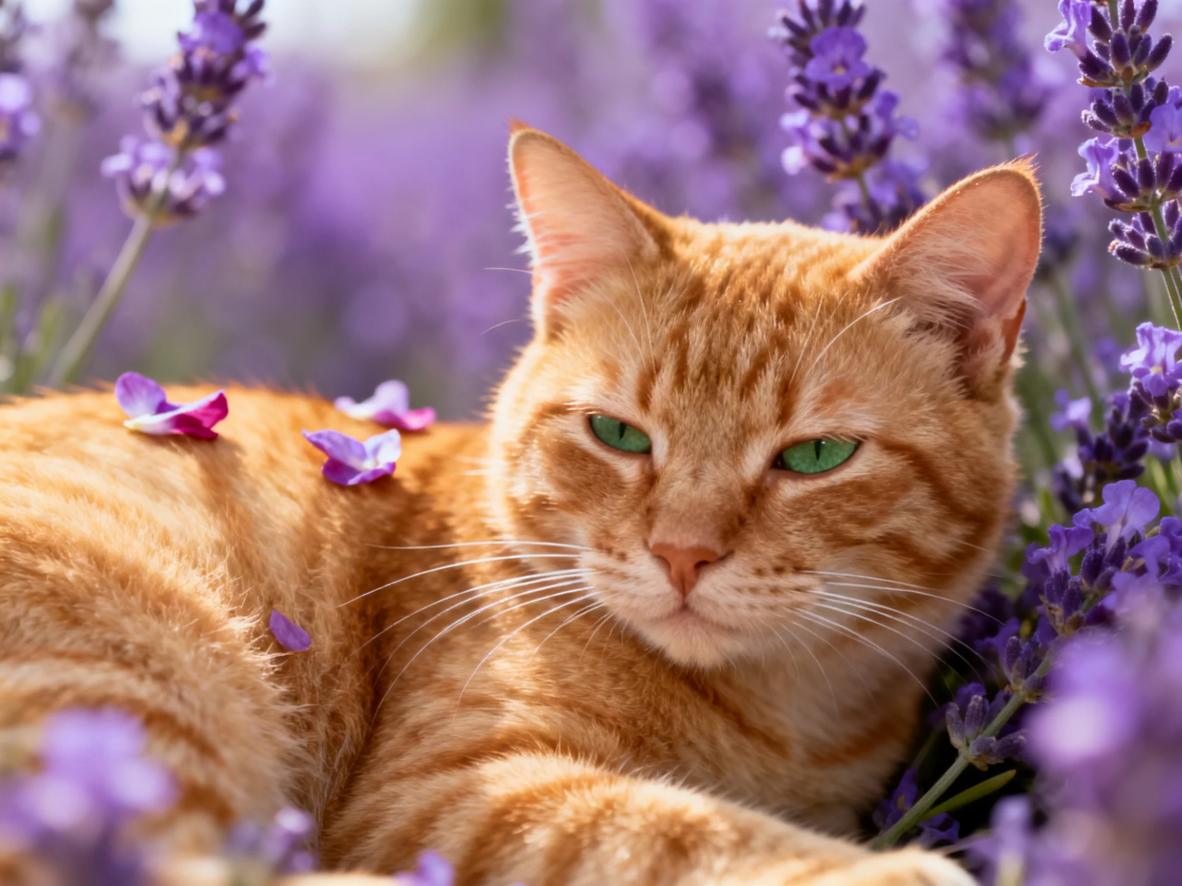 An orange tabby cat relaxes among lavender flowers in a sunlit field.