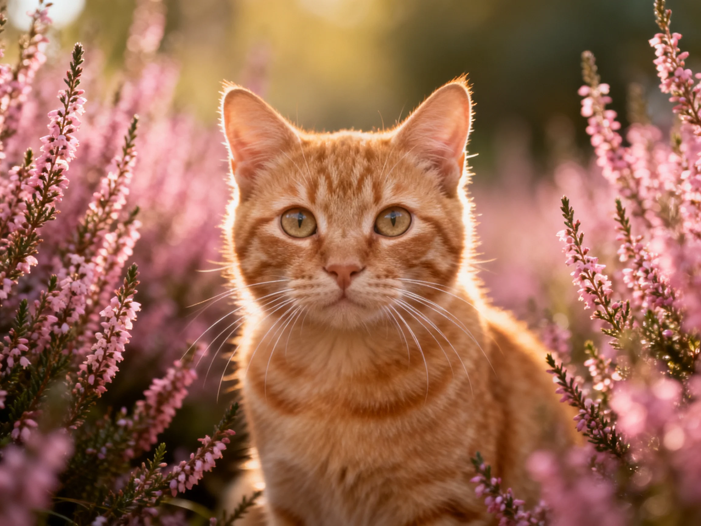 An orange tabby cat sits among pink heather flowers in a sunlit area